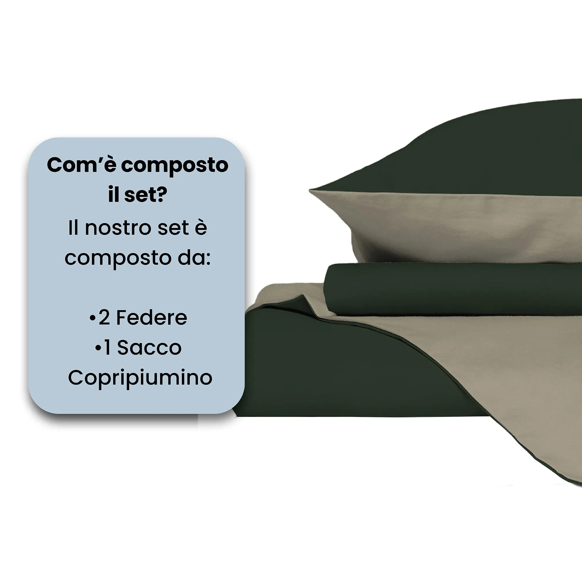 Italian Bed Linen Set Copripiumino 100% Cotone Matrimoniale 250x200 cm, Verde Oliva/Tortora - immagine 4