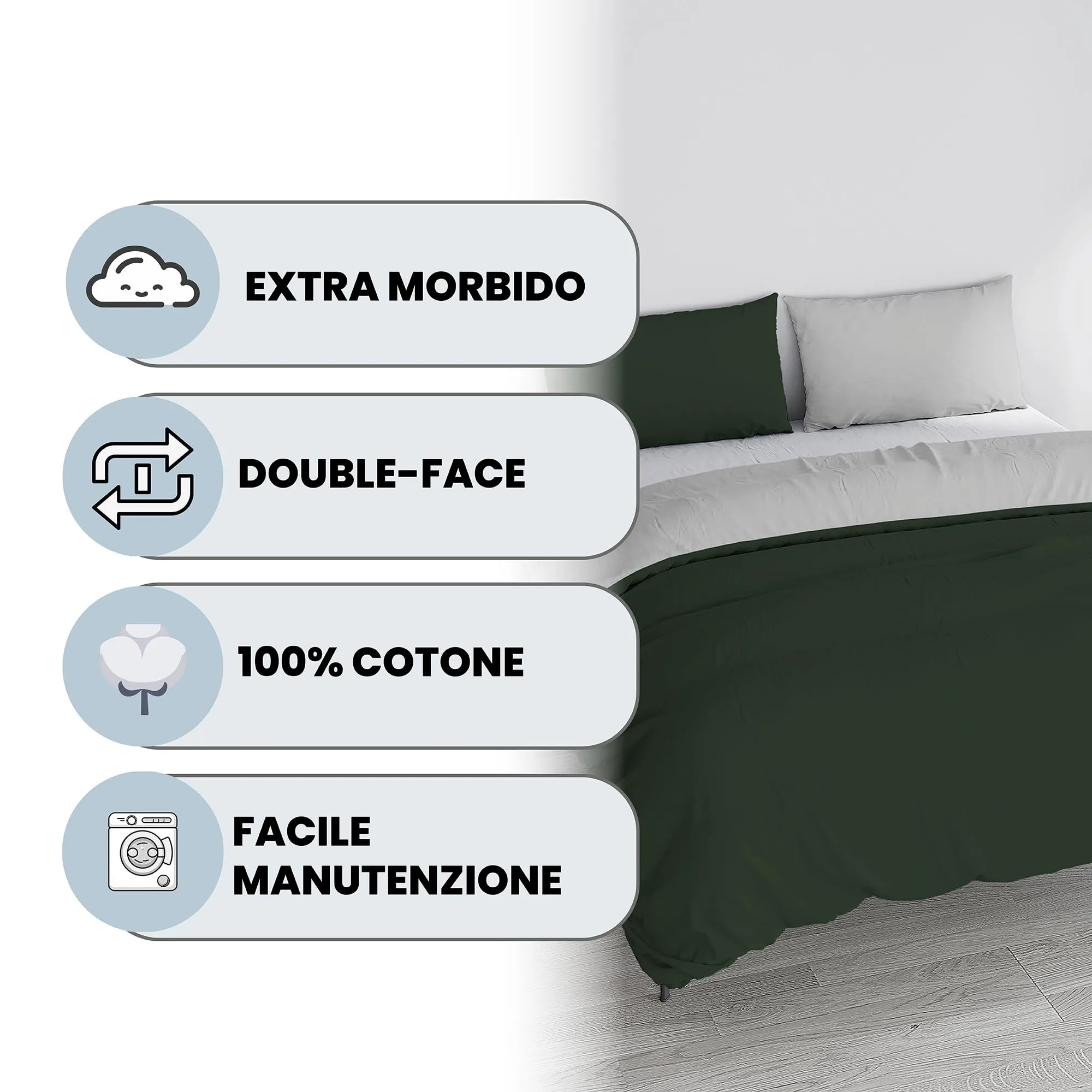 Italian Bed Linen Set Copripiumino 100% Cotone Natural Color, Matrimoniale 250x200 cm, Verde Oliva/Grigio Chiaro - immagine 2