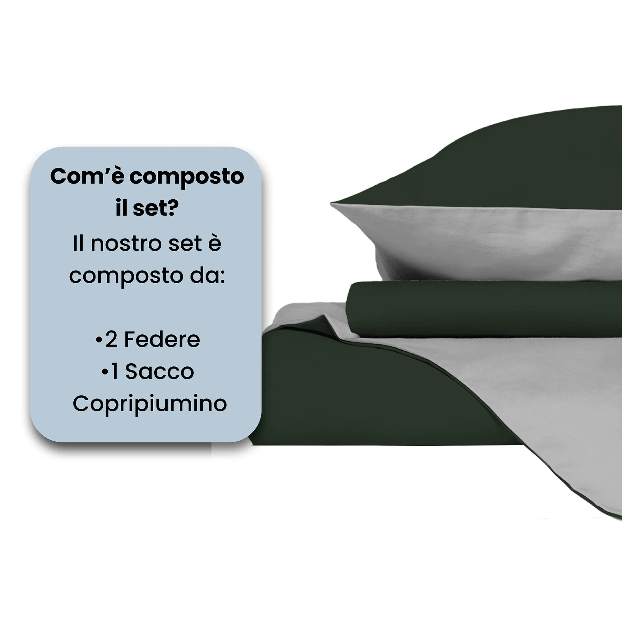 Italian Bed Linen Set Copripiumino 100% Cotone Natural Color, Matrimoniale 250x200 cm, Verde Oliva/Grigio Chiaro - immagine 4