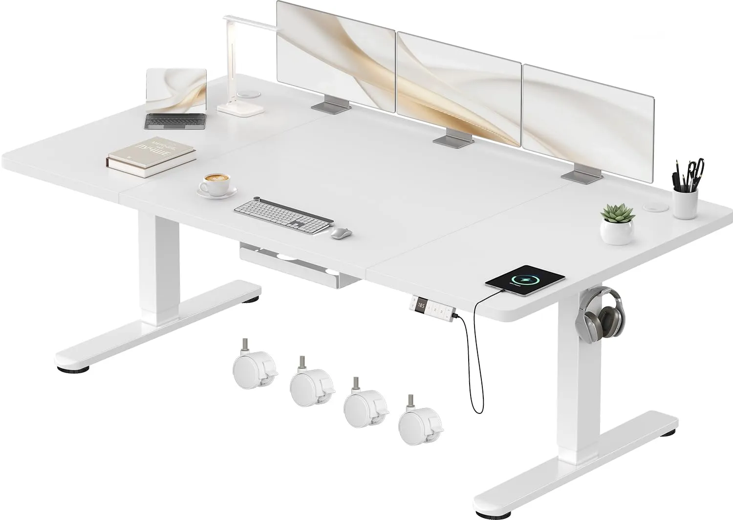 Devoko Scrivania Regolabile in Altezza 180x80 cm, Bianco, con Ruote - immagine 1