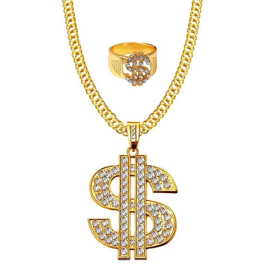 Weenkeey Set Collana e Anello Dollar Sign Hip Hop in Oro e Strass - immagine 1