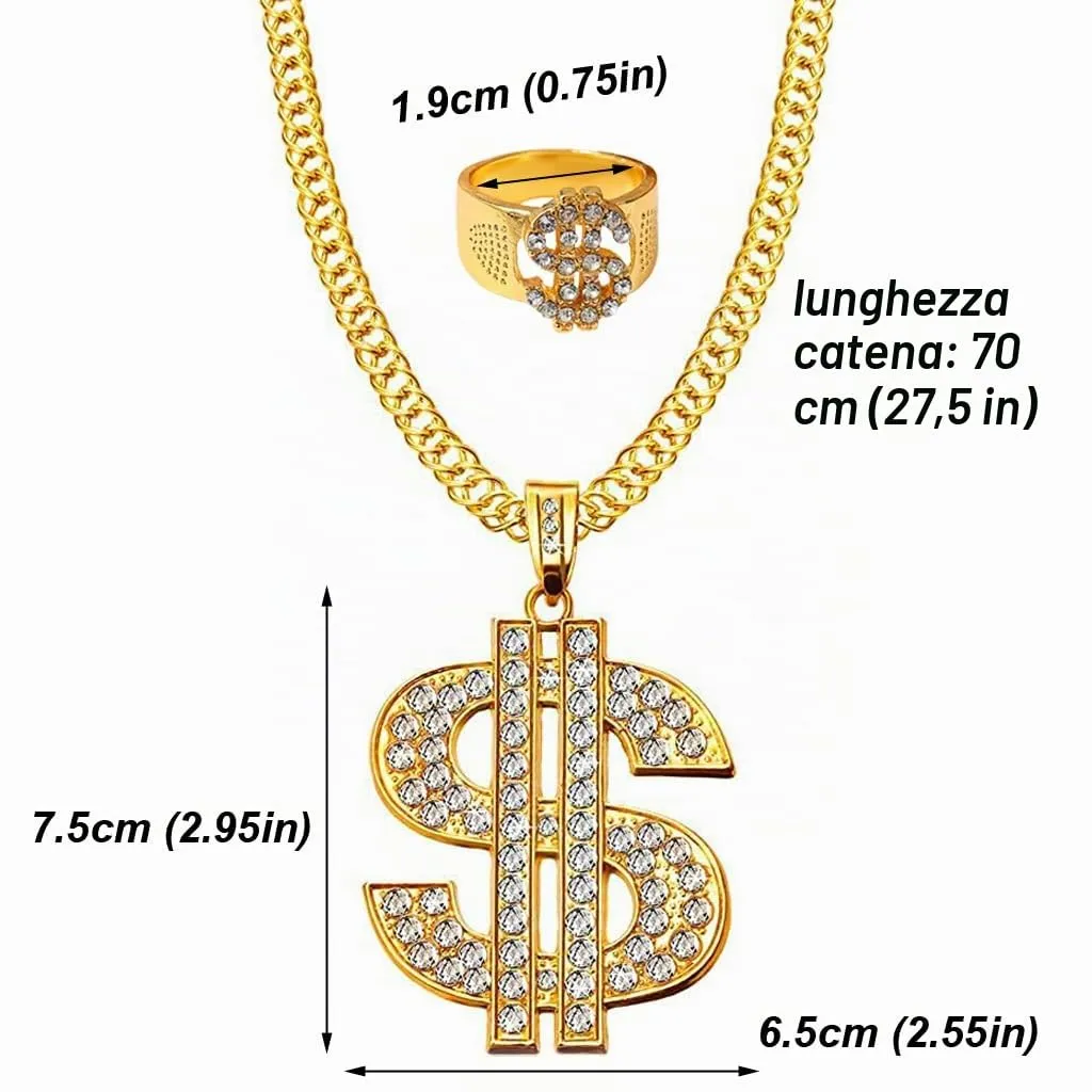 Weenkeey Set Collana e Anello Dollar Sign Hip Hop in Oro e Strass - immagine 2