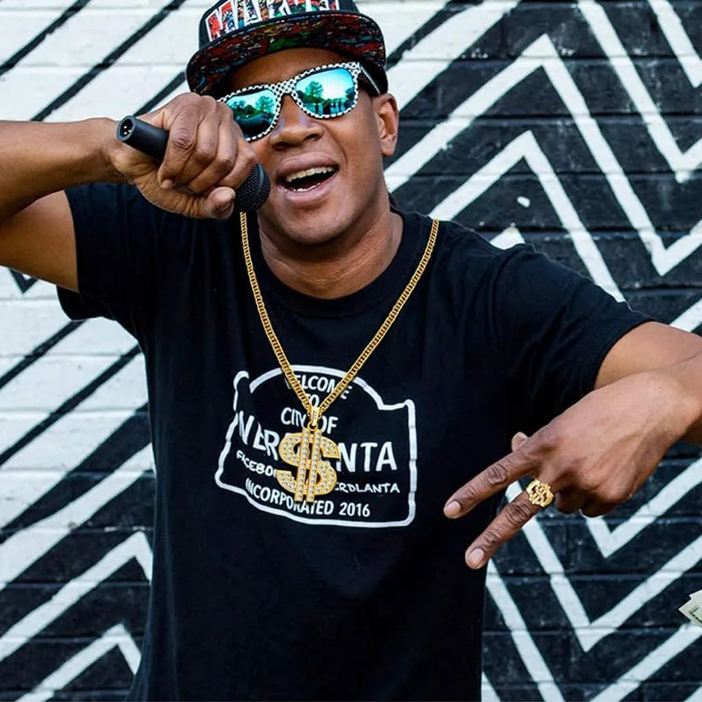 Weenkeey Set Collana e Anello Dollar Sign Hip Hop in Oro e Strass - immagine 3