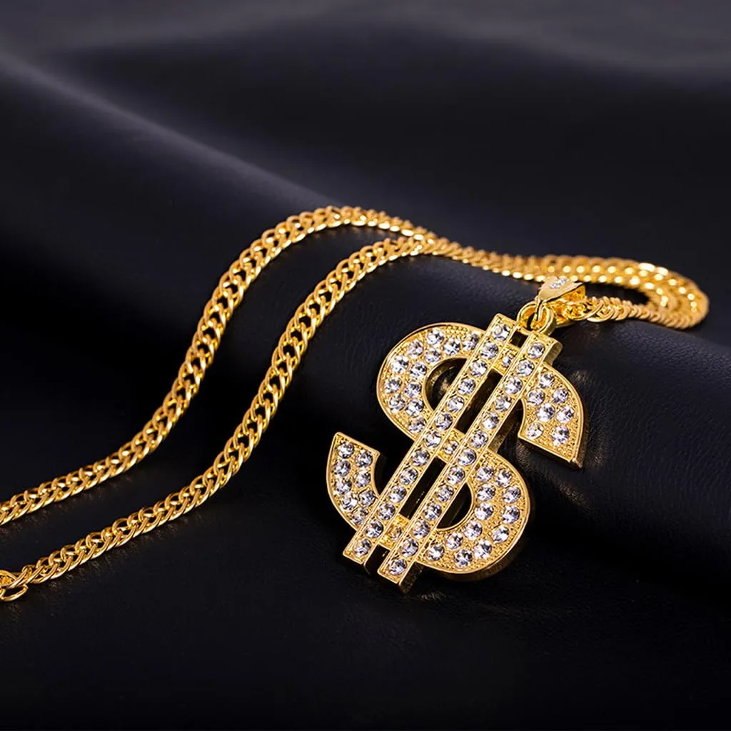 Weenkeey Set Collana e Anello Dollar Sign Hip Hop in Oro e Strass - immagine 4