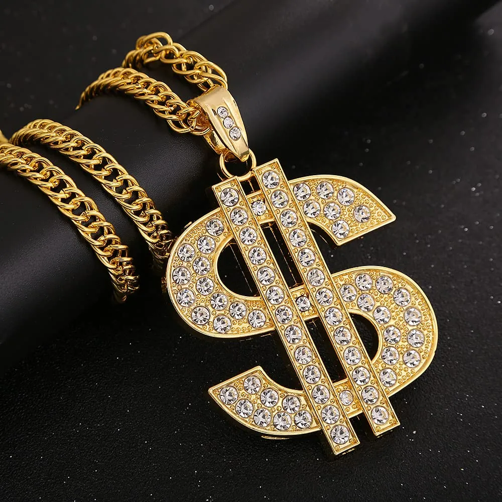Weenkeey Set Collana e Anello Dollar Sign Hip Hop in Oro e Strass - immagine 5
