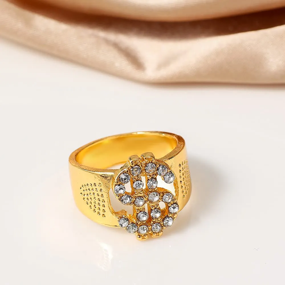 Weenkeey Set Collana e Anello Dollar Sign Hip Hop in Oro e Strass - immagine 6