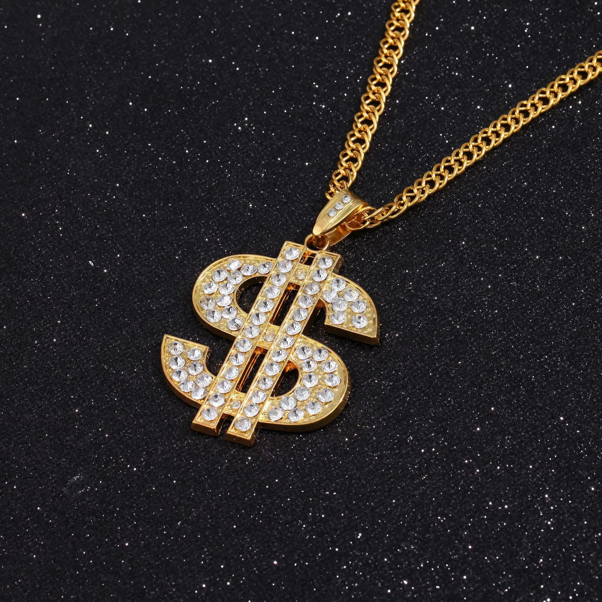 Weenkeey Set Collana e Anello Dollar Sign Hip Hop in Oro e Strass - immagine 7