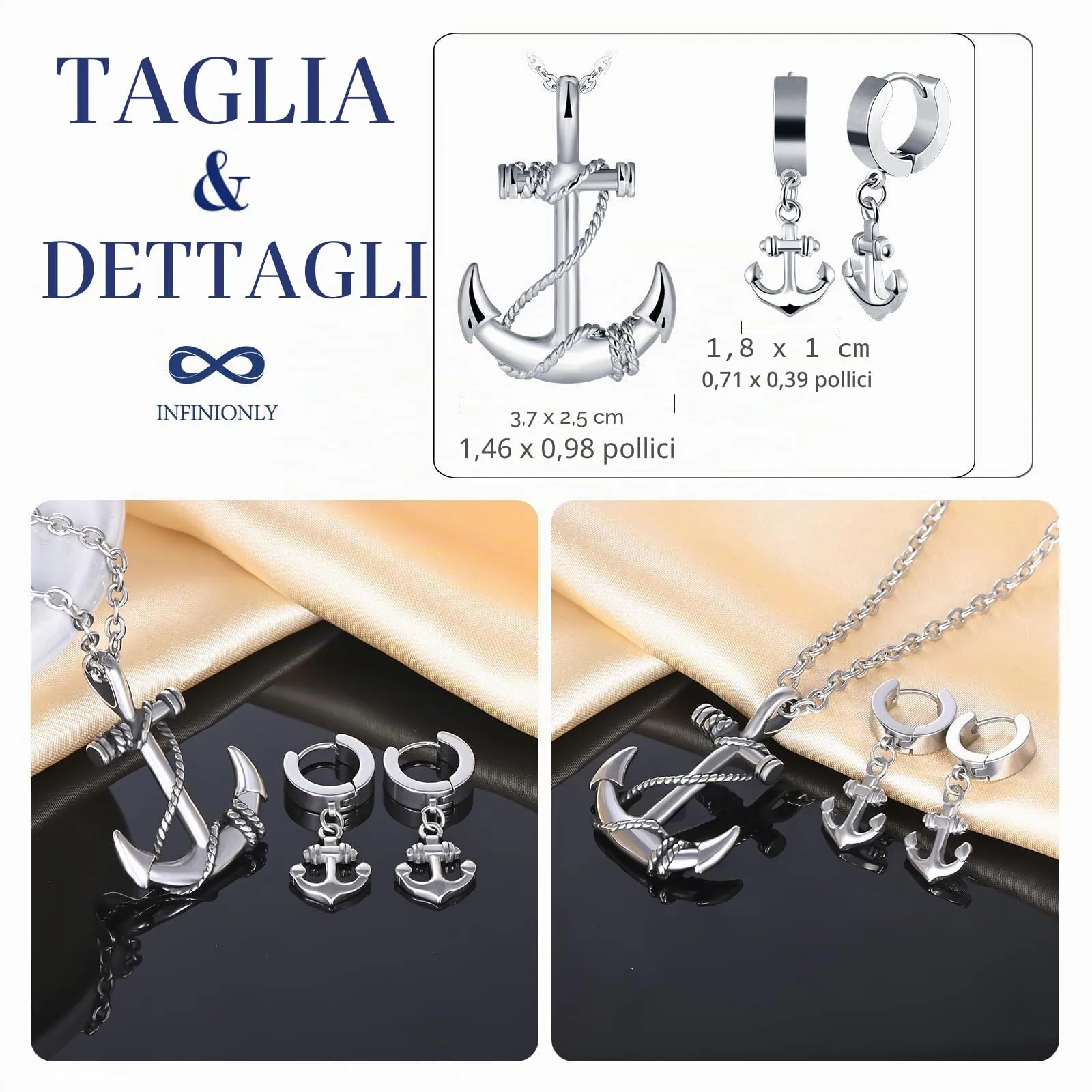INFINIONLY Parure di Gioielli in Acciaio Inossidabile con Ciondolo e Orecchini a Ancora, Argento - immagine 2