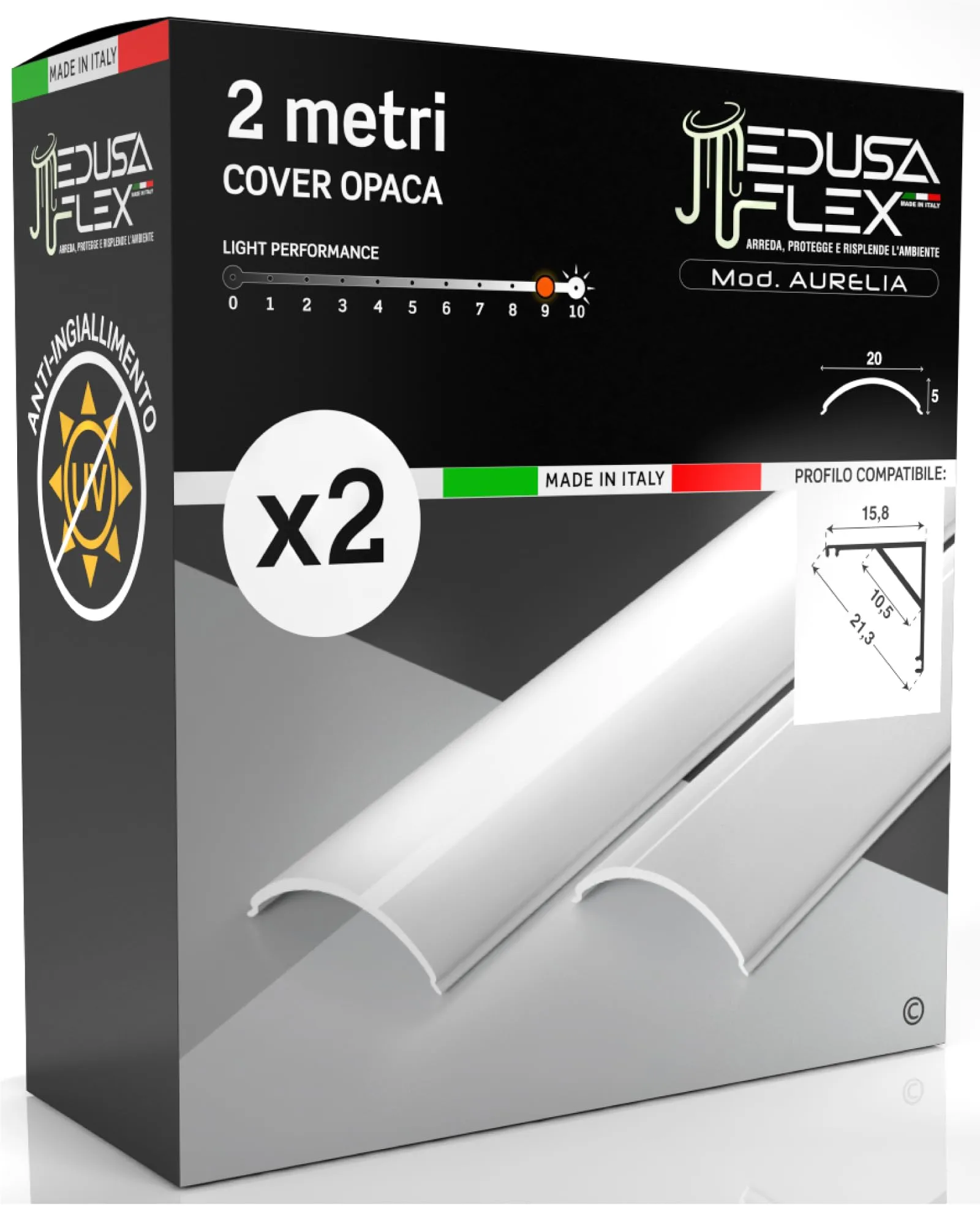 Eurocali Cover Angolare Profilo alluminio per Strisce LED Medusaflex mod. Aurelia 2 Metri, Opaca, Policarbonato stabilizzato UV, Pacco da 2 - immagine 1