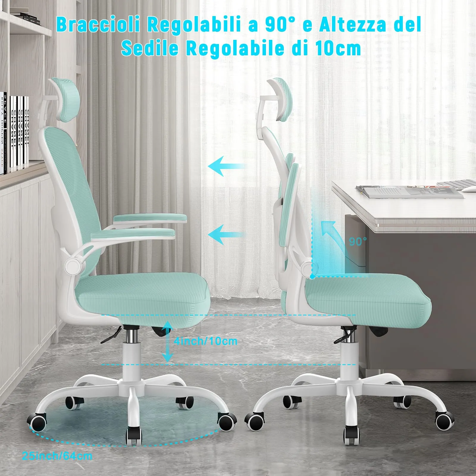rattantree Sedia da Ufficio Ergonomica con Poggiatesta Regolabile, Verde - immagine 3