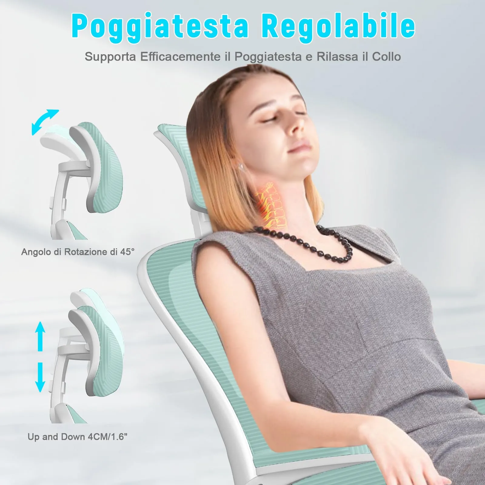 rattantree Sedia da Ufficio Ergonomica con Poggiatesta Regolabile, Verde - immagine 5