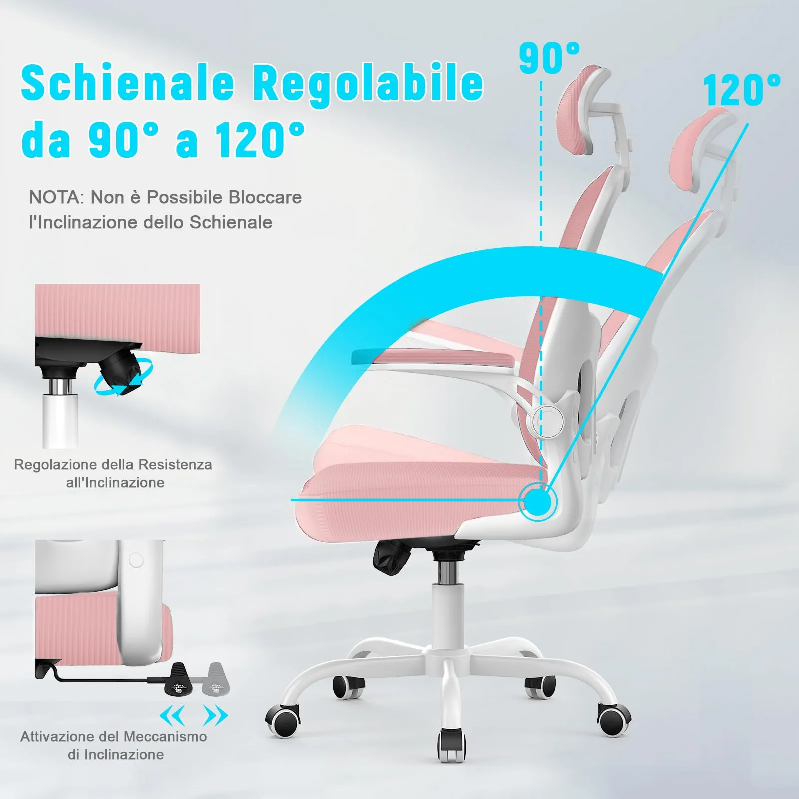 rattantree Sedia da Ufficio Ergonomica con Poggiatesta Regolabile, K312, Rosa - immagine 2