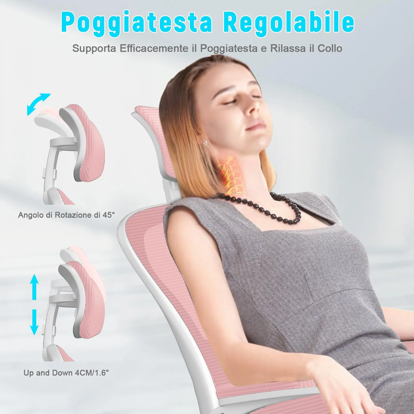 rattantree Sedia da Ufficio Ergonomica con Poggiatesta Regolabile, K312, Rosa - immagine 4