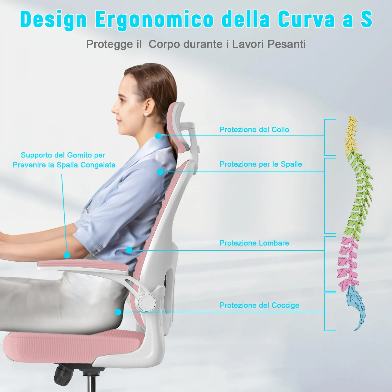 rattantree Sedia da Ufficio Ergonomica con Poggiatesta Regolabile, K312, Rosa - immagine 5