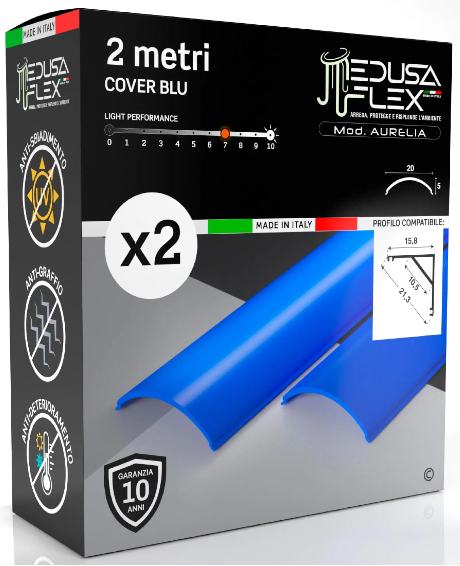 Eurocali Cover Angolare Profilo alluminio per Strisce LED Medusaflex mod. Aurelia, 2 Metri, Blu, Pacco da 2 - immagine 1