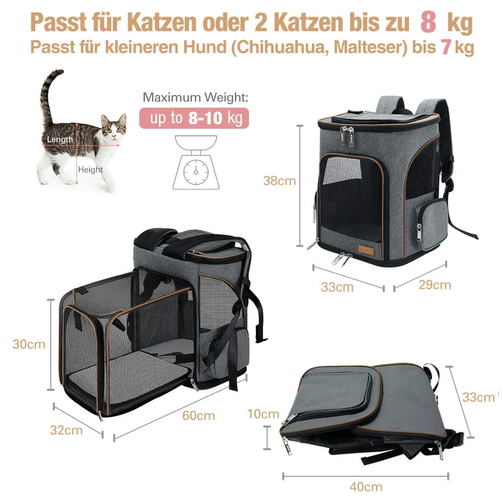 Lekesky Zaino Porta Animali Espandibile per Cani e Gatti fino a 8 KG, Traspirante e Pieghevole, Grigio - immagine 2