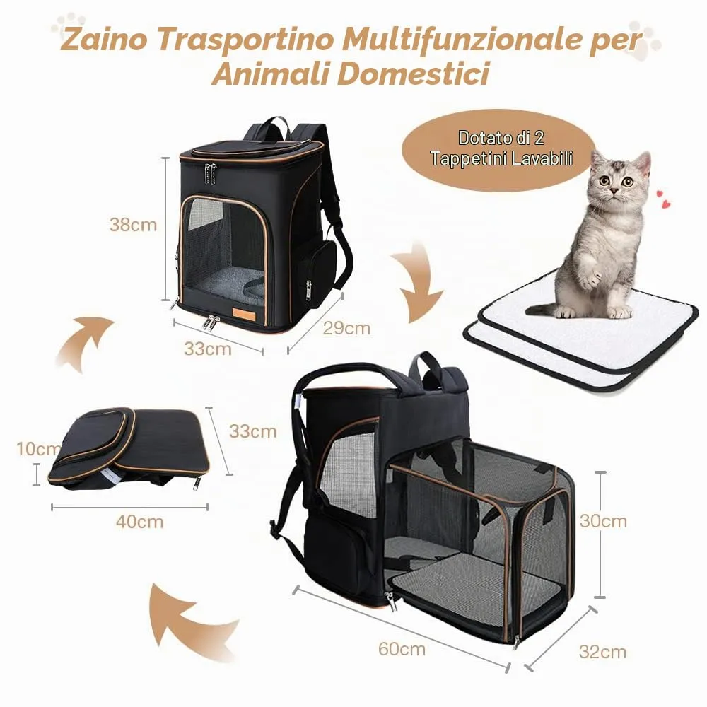 Lekesky Zaino Trasportino Espandibile per Cani e Gatti fino a 8 kg, Traspirante e Pieghevole con 2 Tappetini, Nero - immagine 3