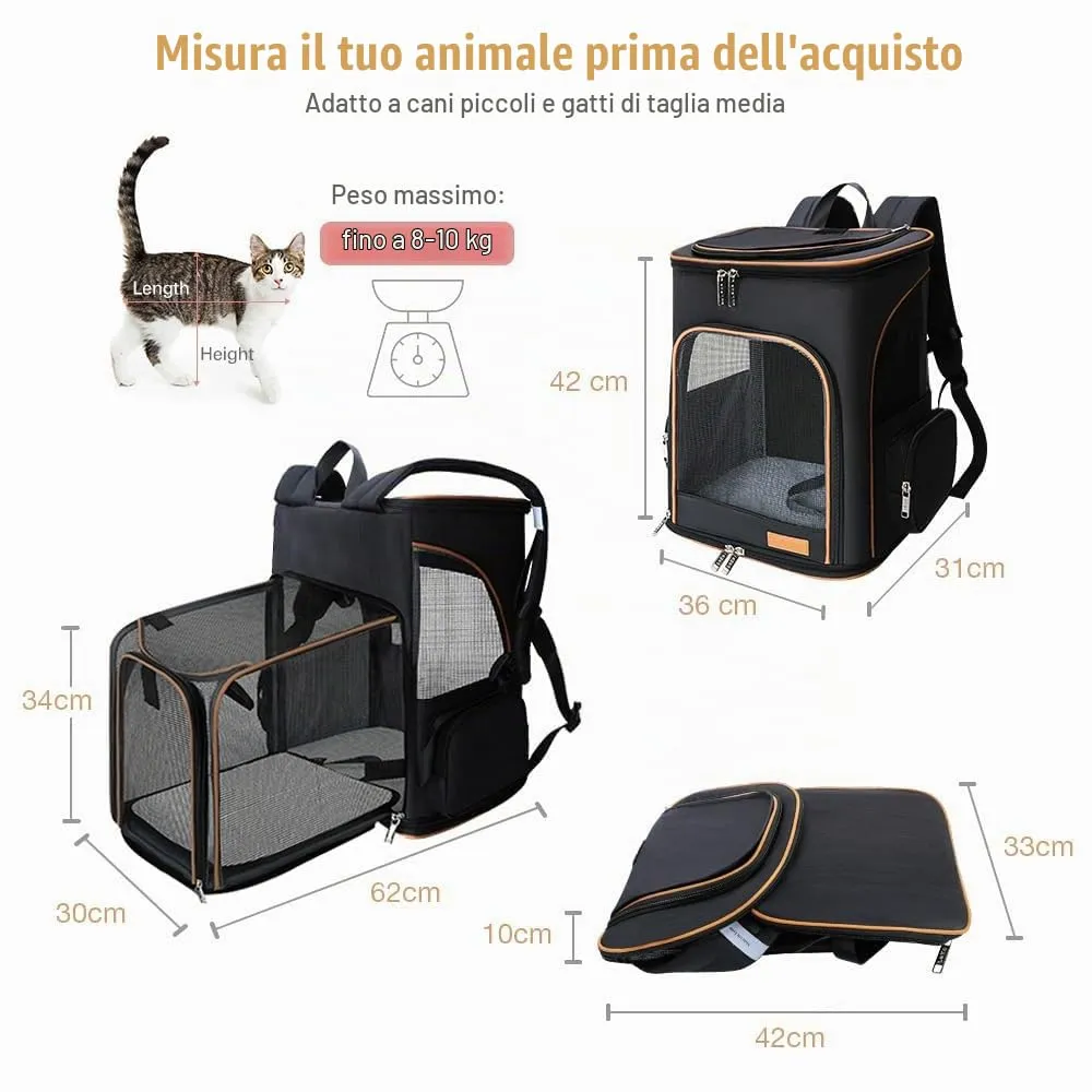 Lekesky Zaino Trasportino per Cani e Gatti Estensibile e Pieghevole, Nero XL - immagine 2