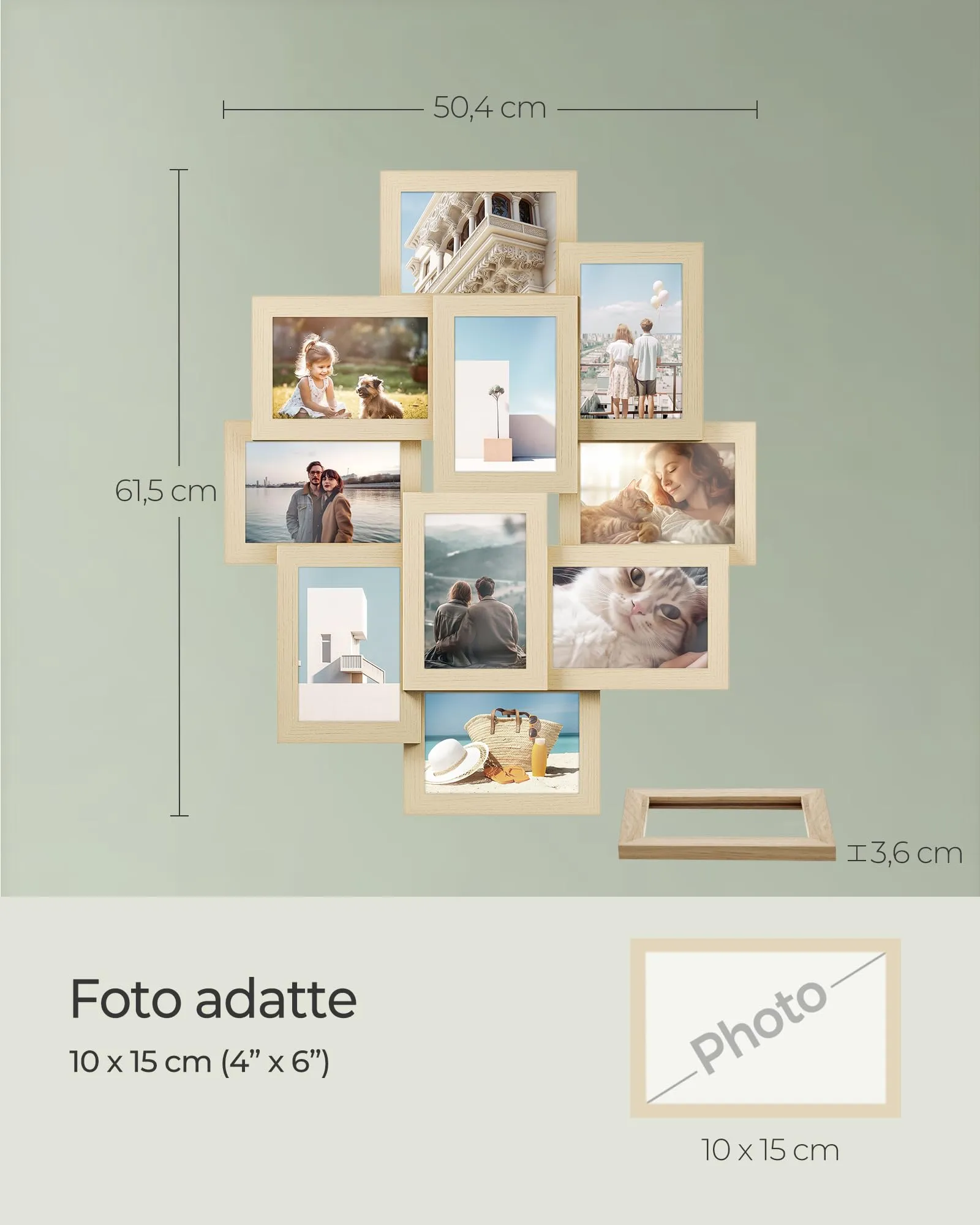 SONGMICS Collage di 10 Cornici per Foto 10 x 15 cm, Beige Naturale RPF020N01 - immagine 5