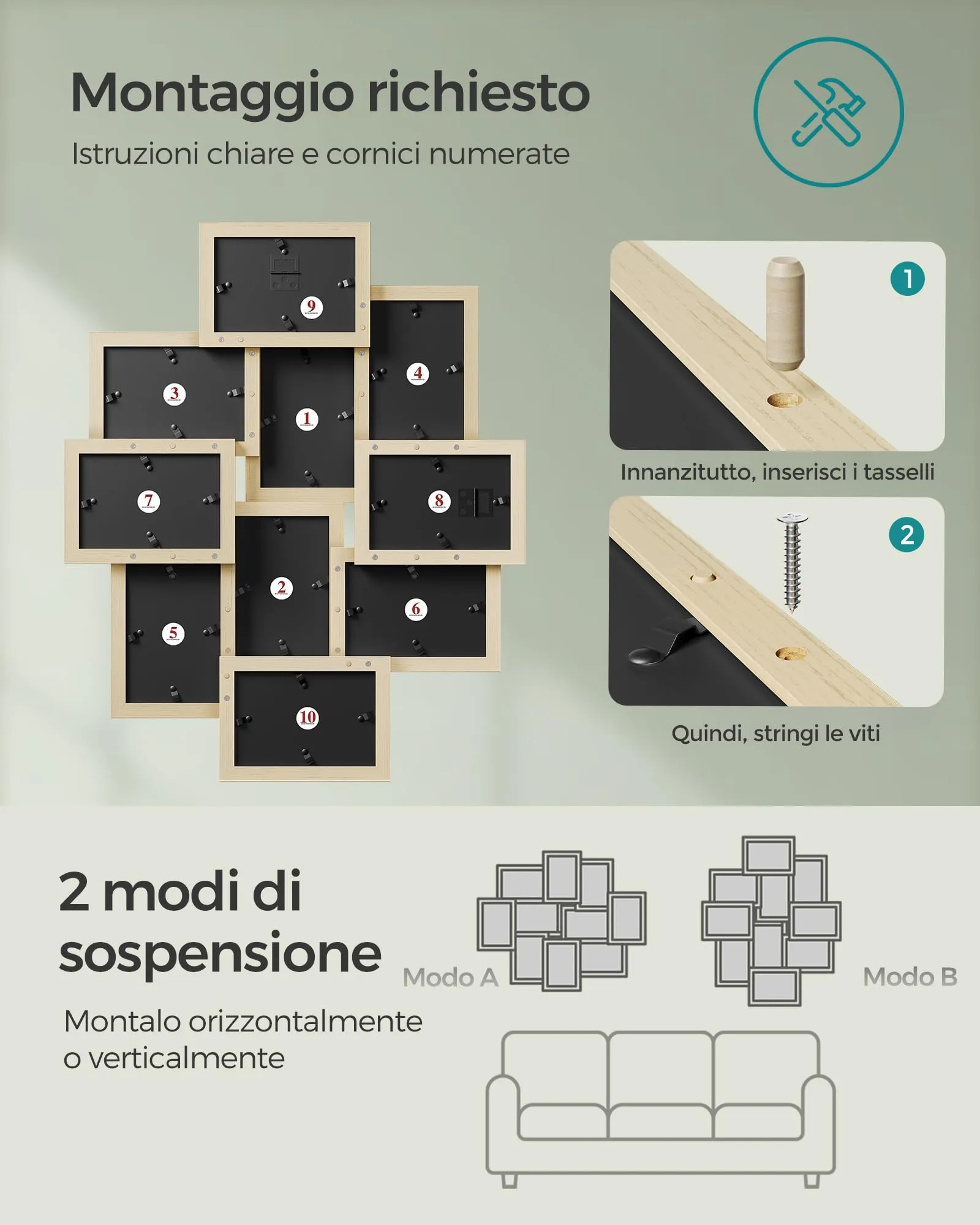 SONGMICS Collage di 10 Cornici per Foto 10 x 15 cm, Beige Naturale RPF020N01 - immagine 6