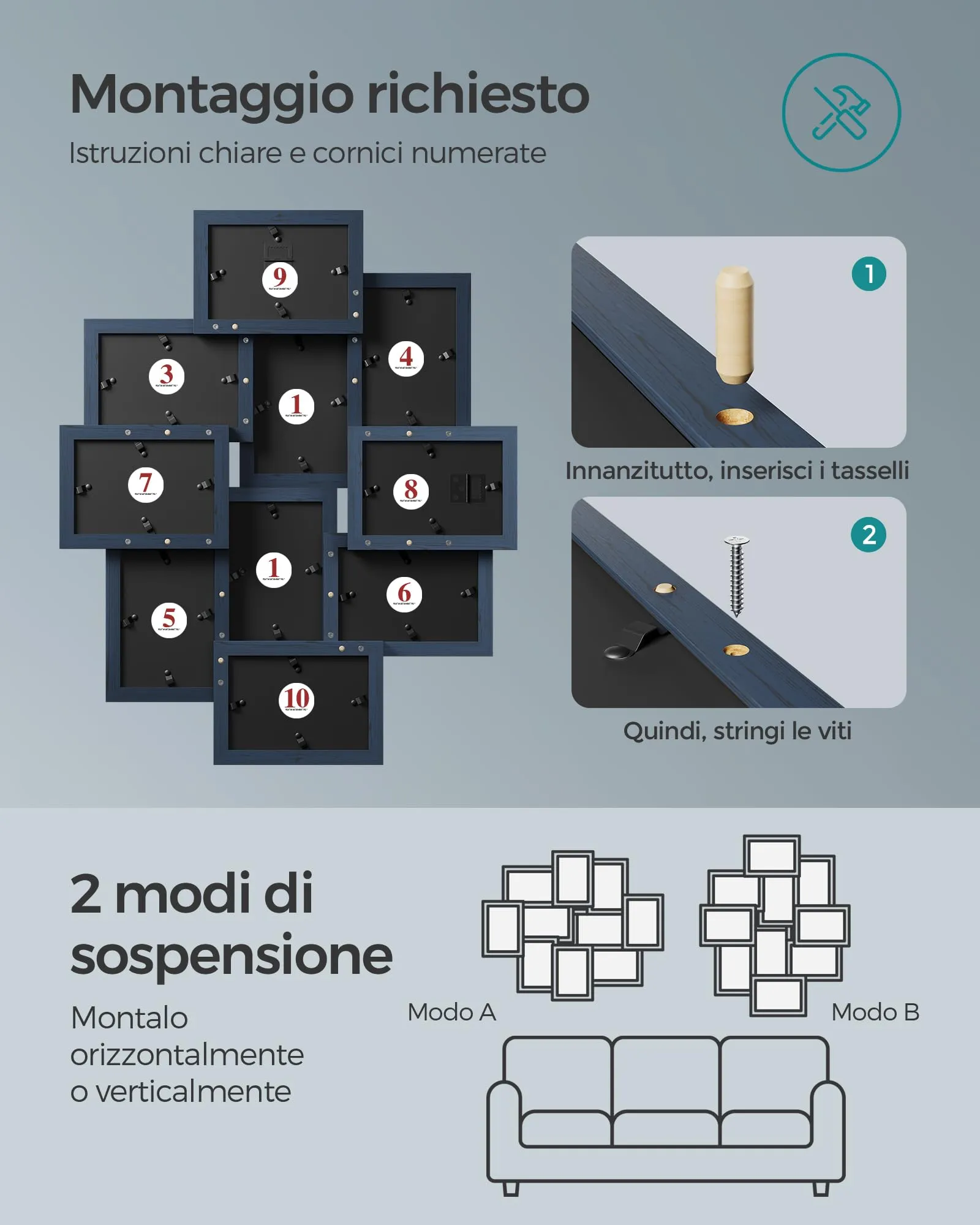 SONGMICS Collage di 10 Cornici per Foto 10 x 15 cm, Blu Marino RPF020Q01 - immagine 7