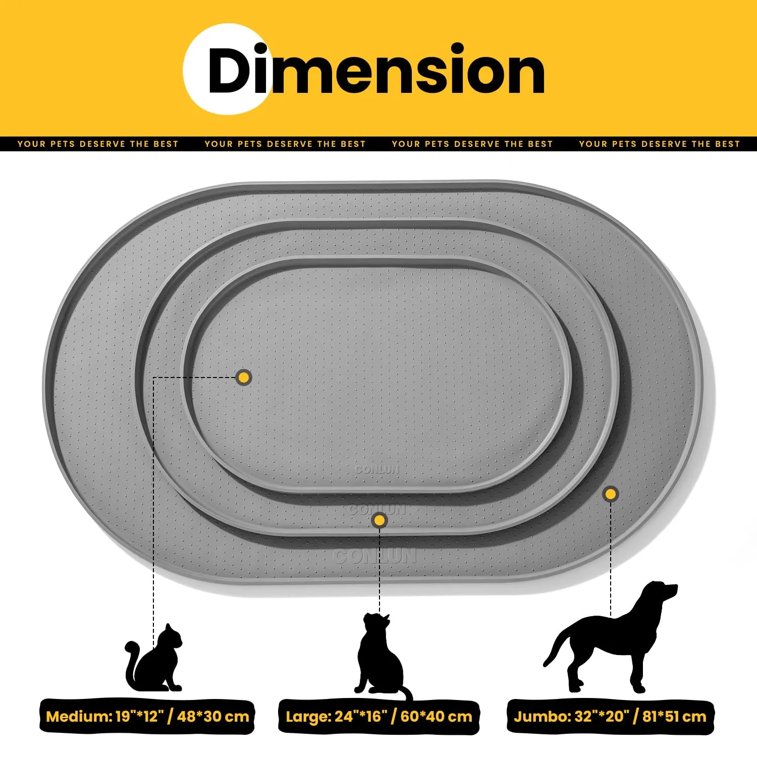 Conlun Tappetino in Silicone per Ciotole Cane e Gatto con Bordi Rialzati, Grigio, 81x51 cm - immagine 4