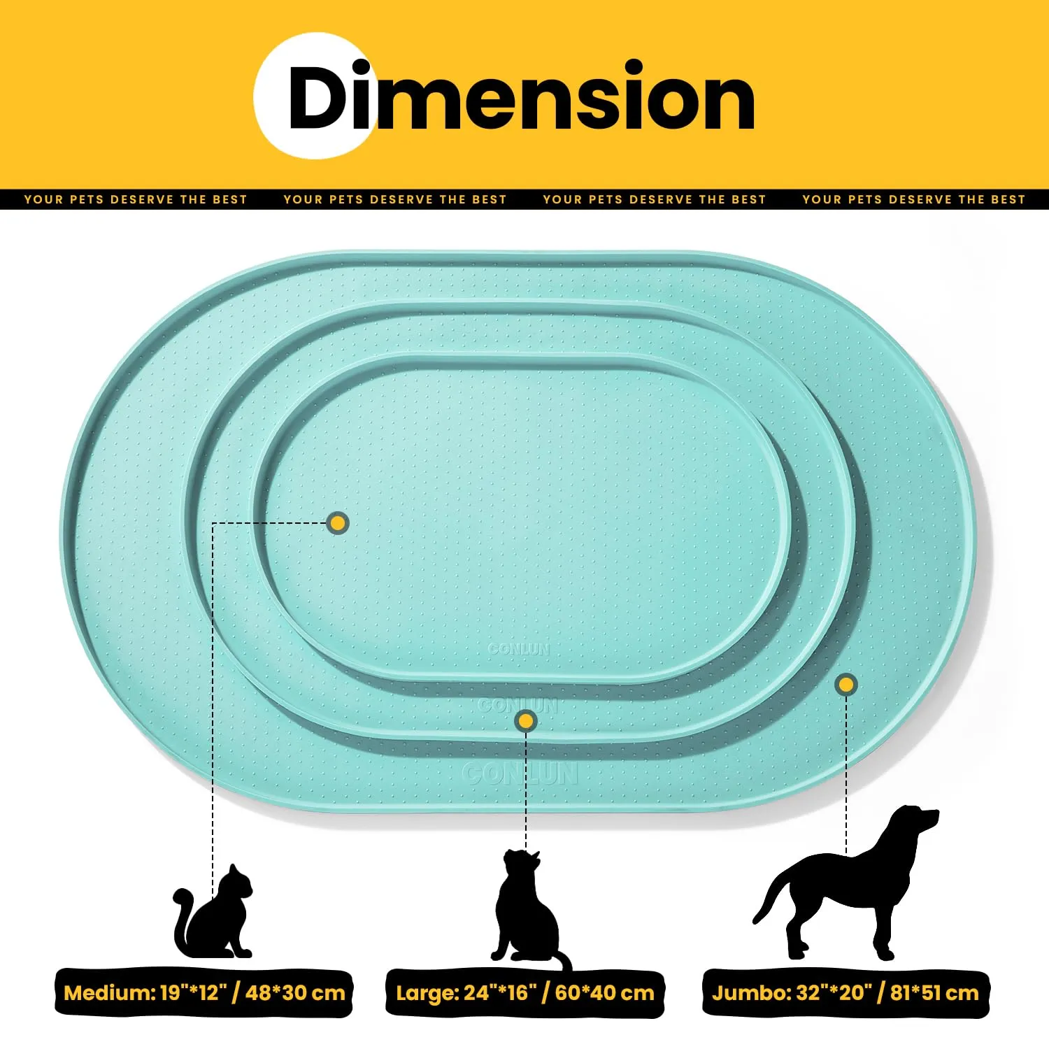 Conlun Tappetino in Silicone per Ciotole di Cani e Gatti con Bordi Rialzati, Turchese, 48x30 cm - immagine 4