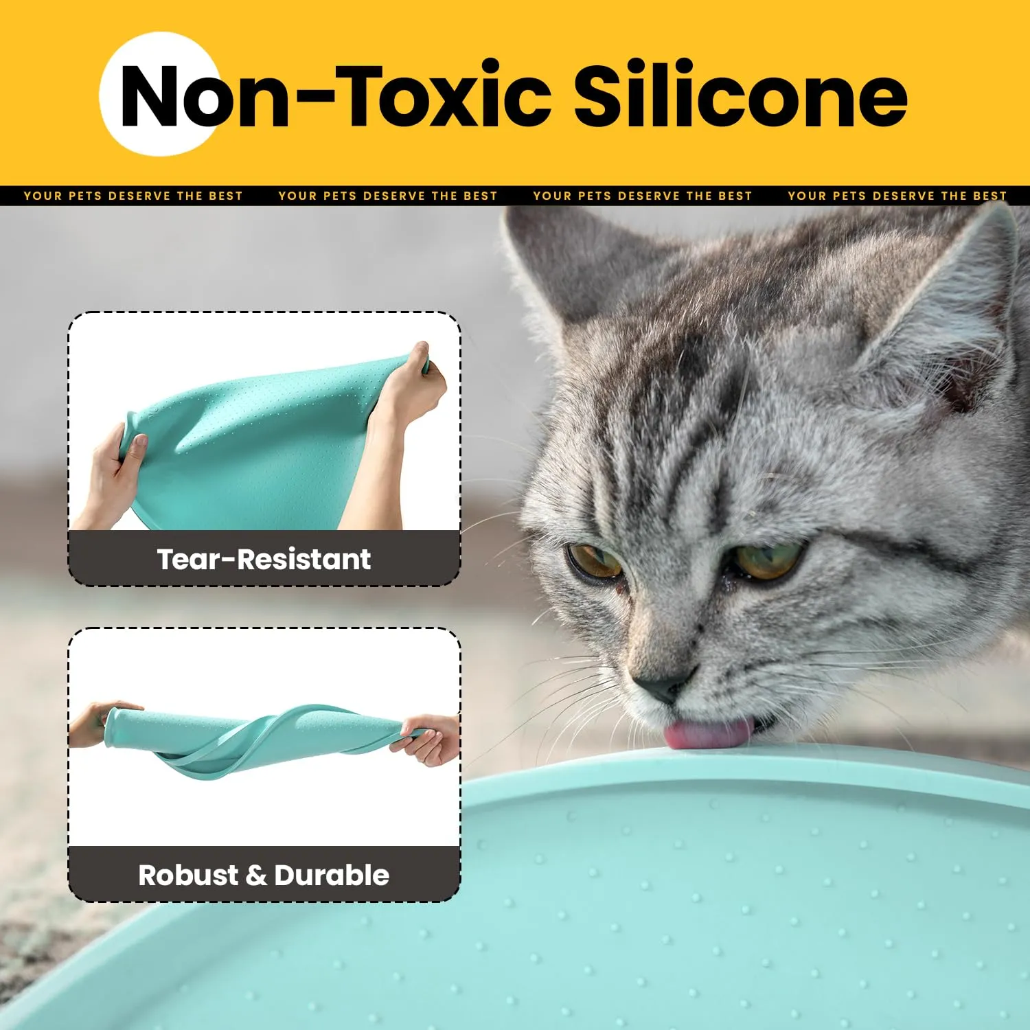 Conlun Tappetino in Silicone per Ciotole di Cani e Gatti con Bordi Rialzati, Turchese, 48x30 cm - immagine 5