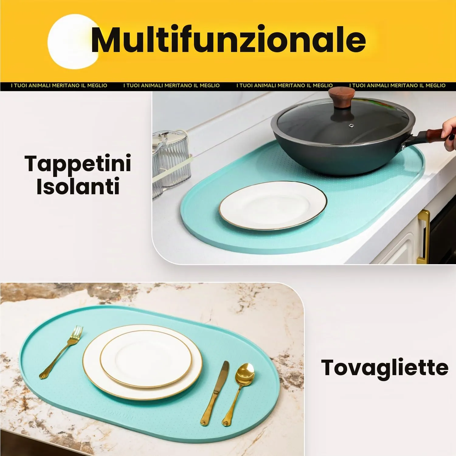 Conlun Tappetino in Silicone per Ciotole di Cani e Gatti con Bordi Rialzati, Turchese, 48x30 cm - immagine 9