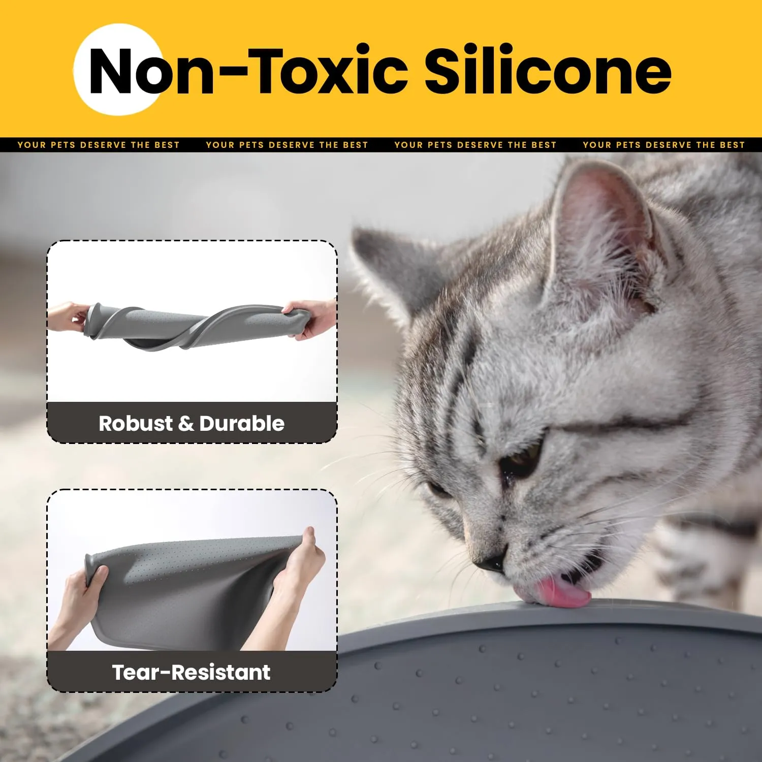 Conlun Tappetino Silicone per Ciotole Cane e Gatto con Bordi Rialzati, Grigio, 48x30 cm - immagine 5