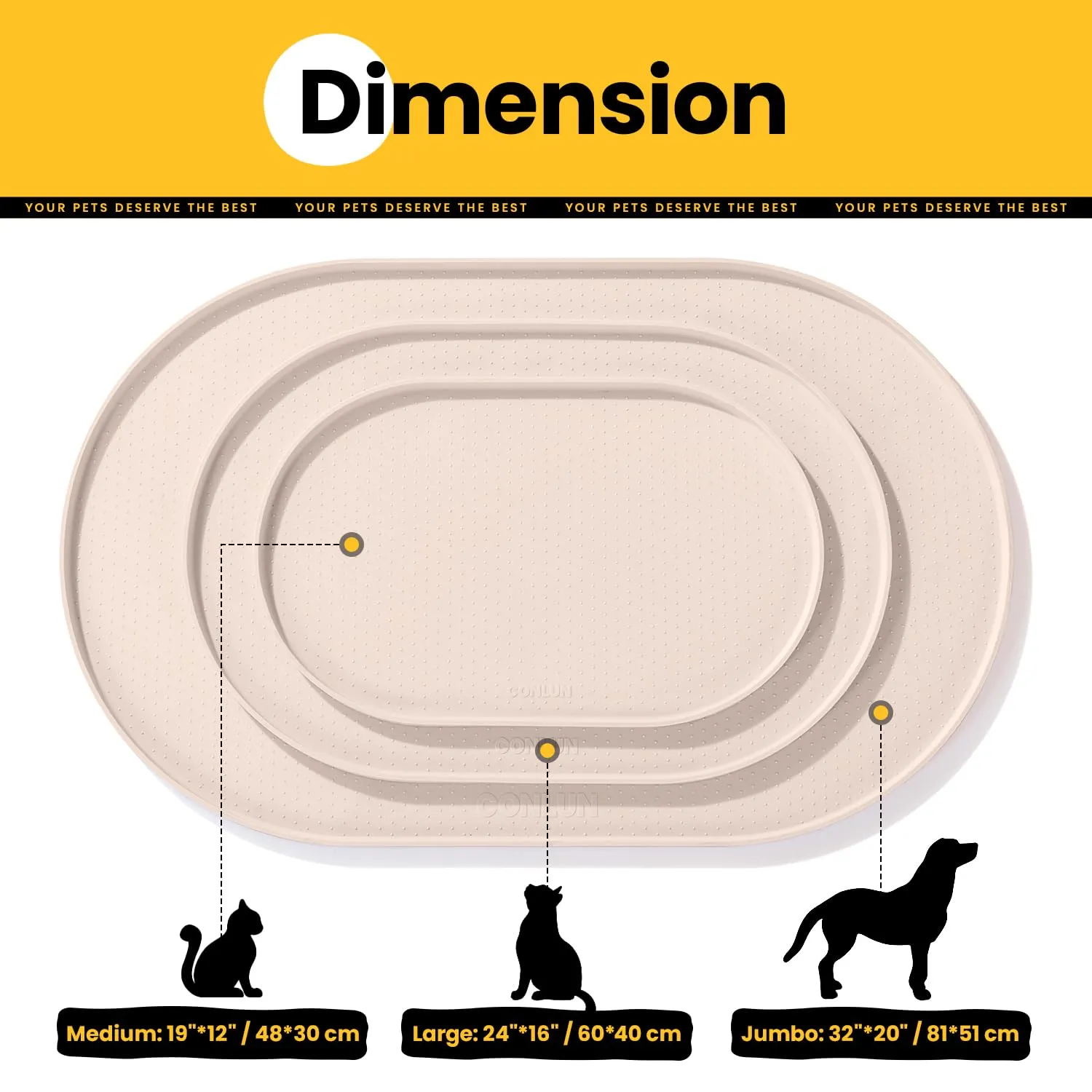 Conlun Tappetino Silicone per Ciotole Cane e Gatto con Bordi Rialzati, Beige, 48x30 cm - immagine 3