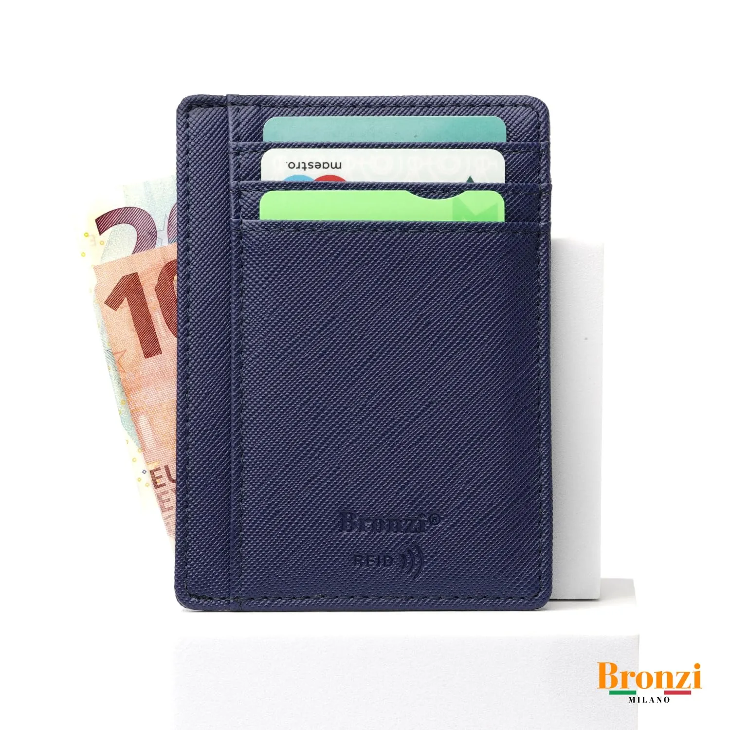 Bronzi Portafoglio Slim Porta Carte di Credito con Protezione RFID - Saffiano Blu Sea - immagine 2