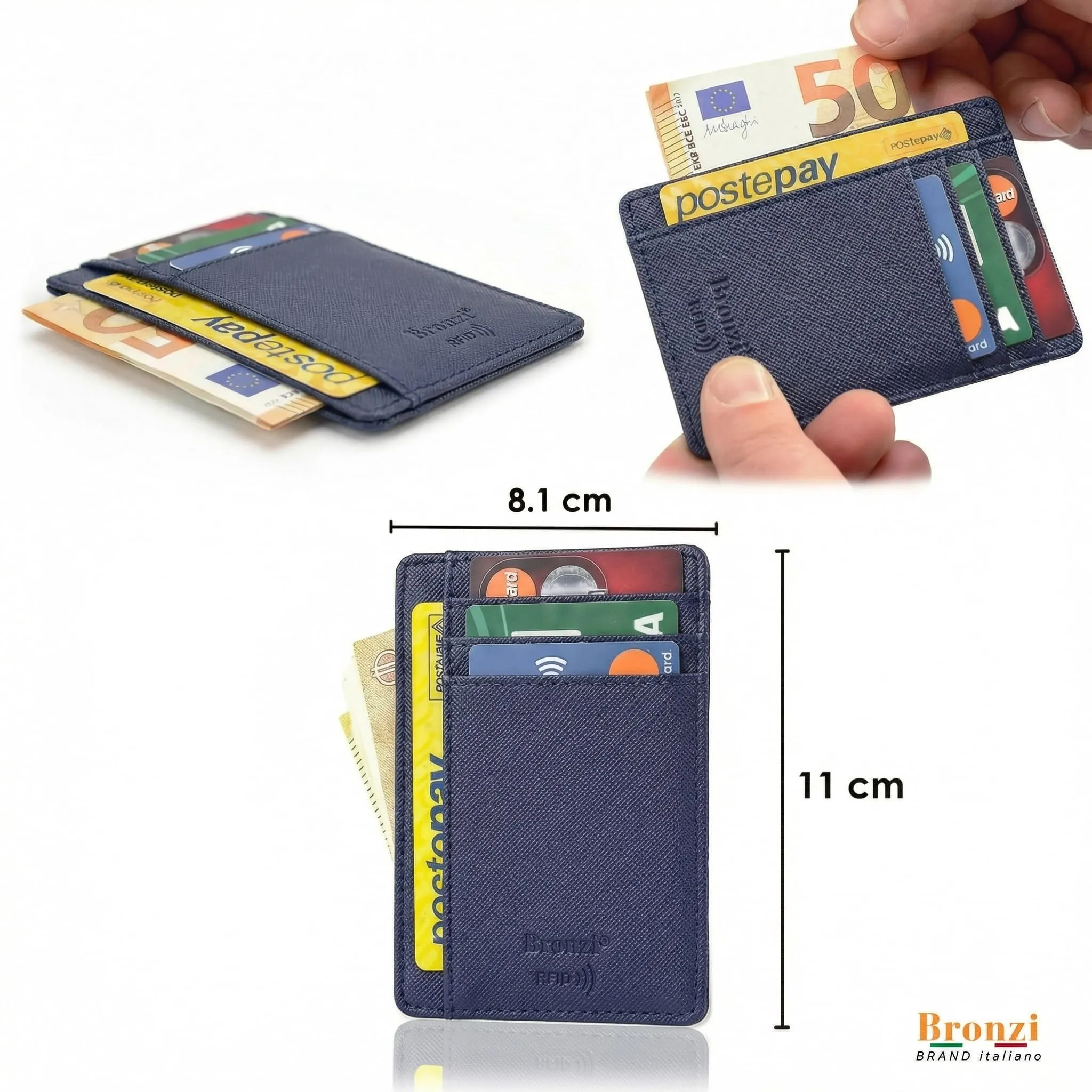 Bronzi Portafoglio Slim Porta Carte di Credito con Protezione RFID - Saffiano Blu Sea - immagine 3
