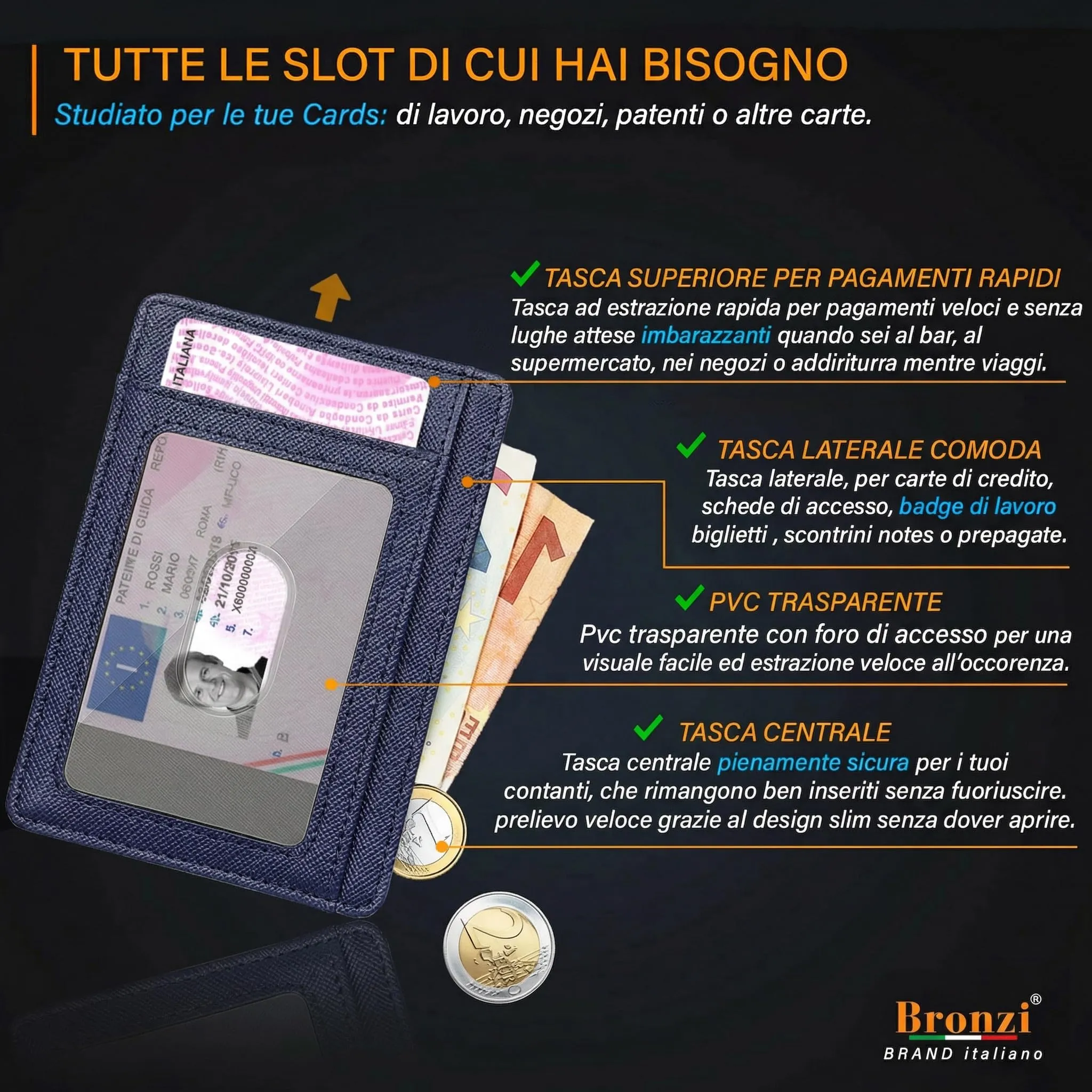 Bronzi Portafoglio Slim Porta Carte di Credito con Protezione RFID - Saffiano Blu Sea - immagine 4