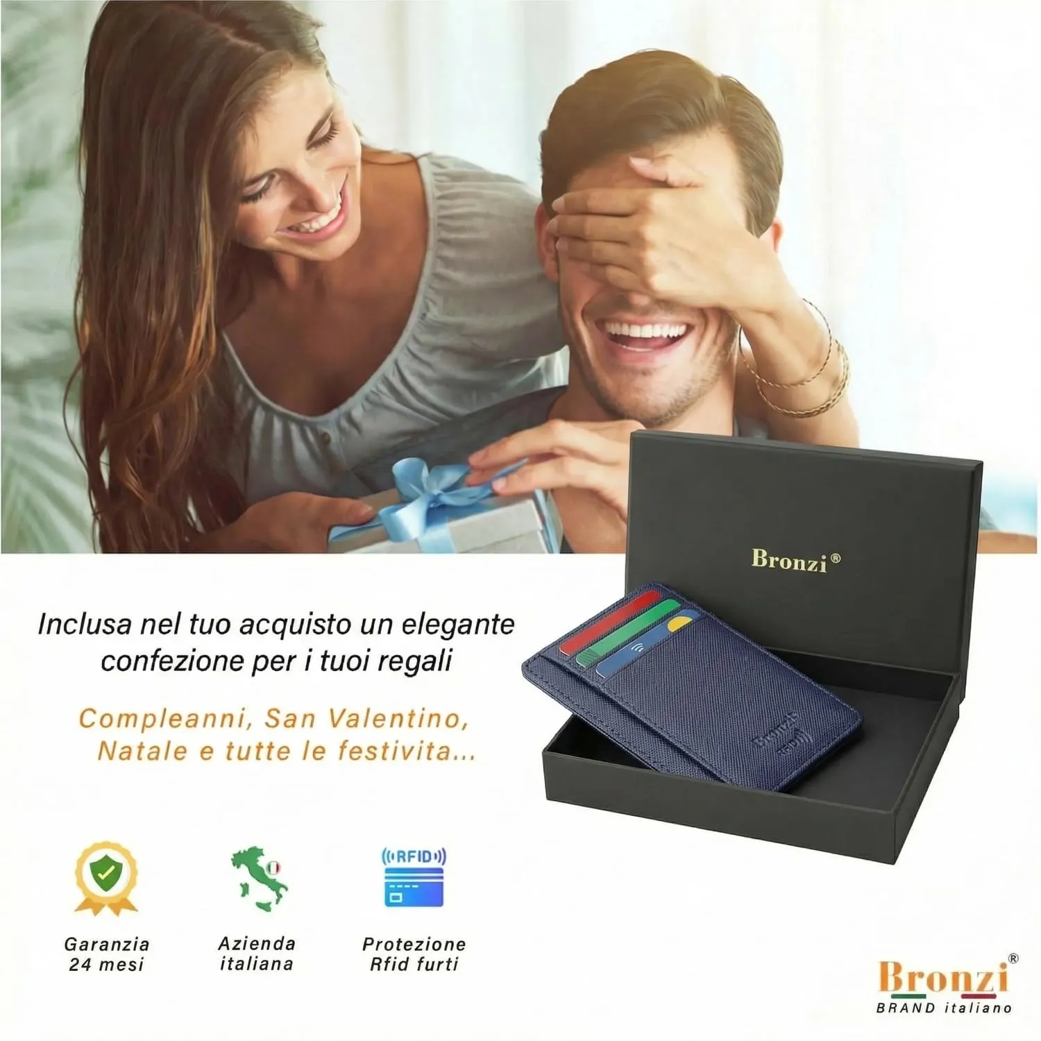 Bronzi Portafoglio Slim Porta Carte di Credito con Protezione RFID - Saffiano Blu Sea - immagine 8