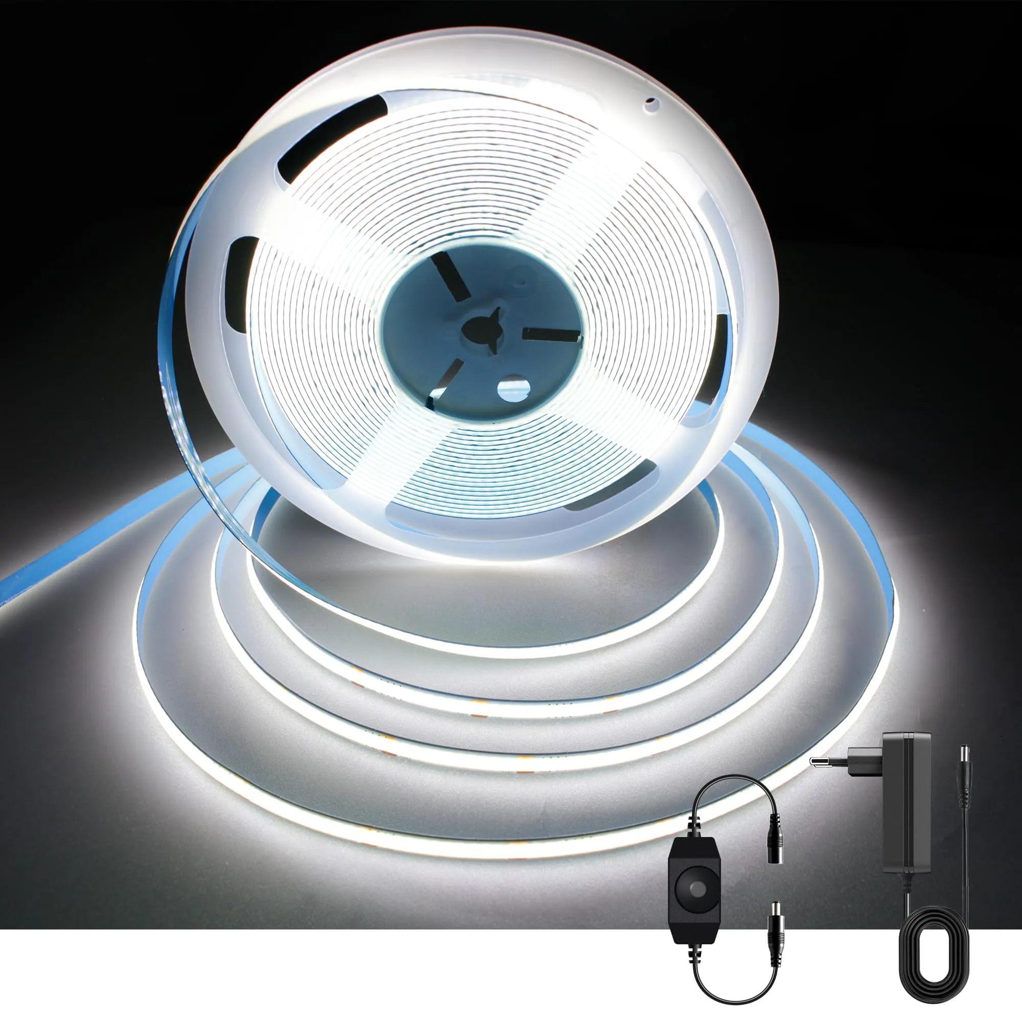AXMOTUT Striscia LED COB 10m 24V Bianco Freddo 6000K 320LEDs/m 8mm CRI90+ con Alimentatore e Dimmer - immagine 1
