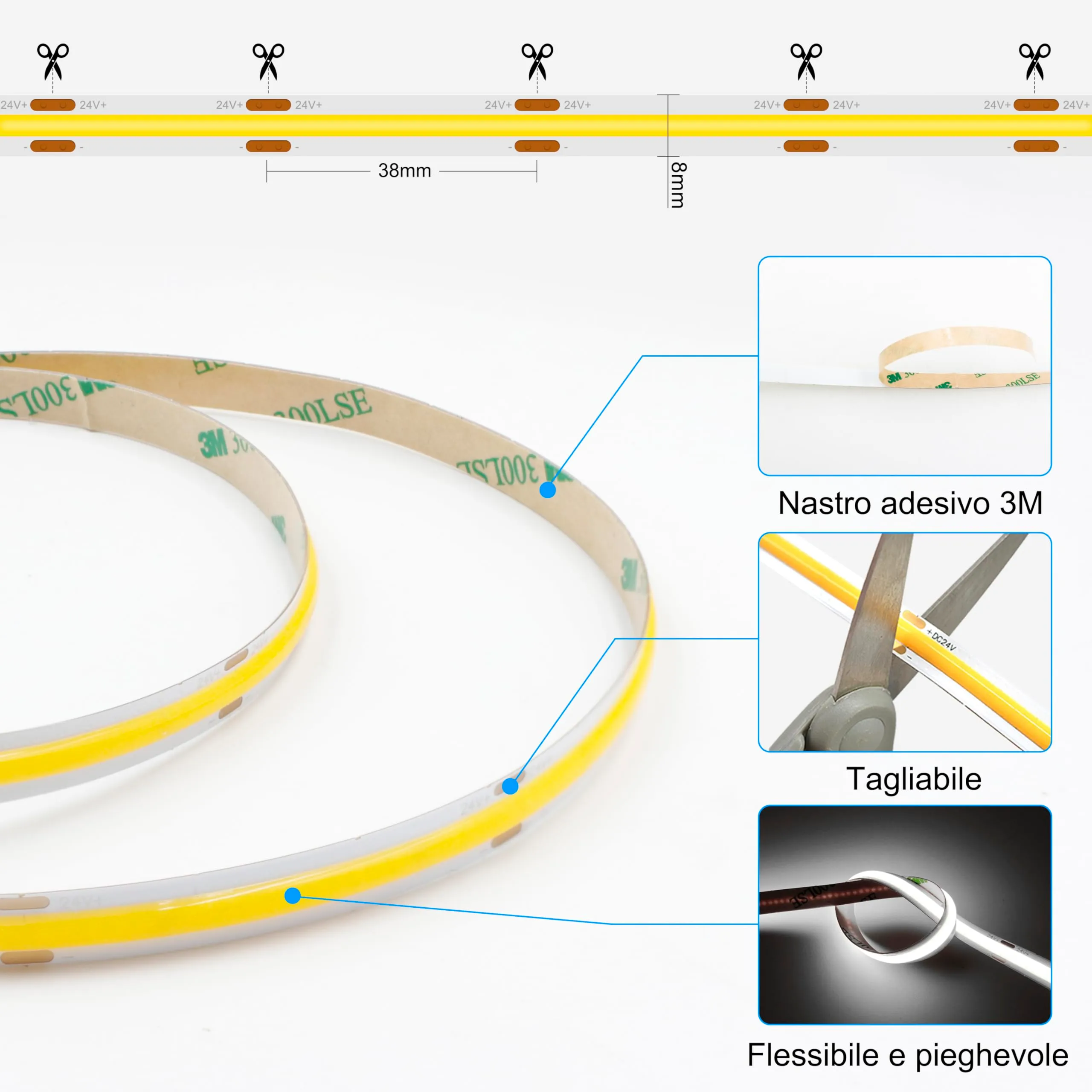 AXMOTUT Striscia LED COB 10m 24V Bianco Freddo 6000K 320LEDs/m 8mm CRI90+ con Alimentatore e Dimmer - immagine 5