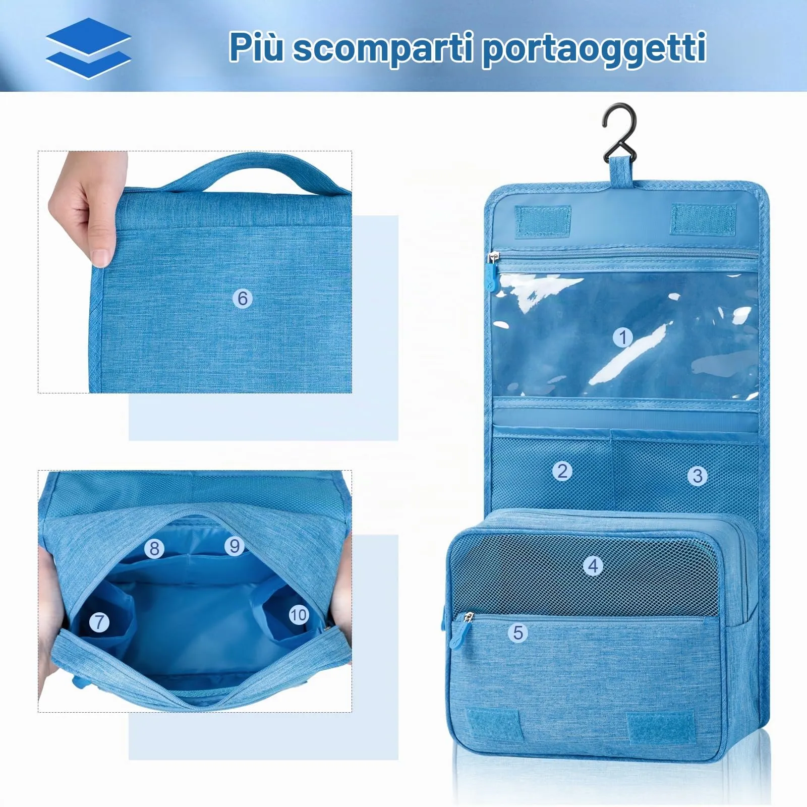 AiQInu Beauty Case da Viaggio, Borsa da Toilette Impermeabile con Gancio per Appendere - immagine 3