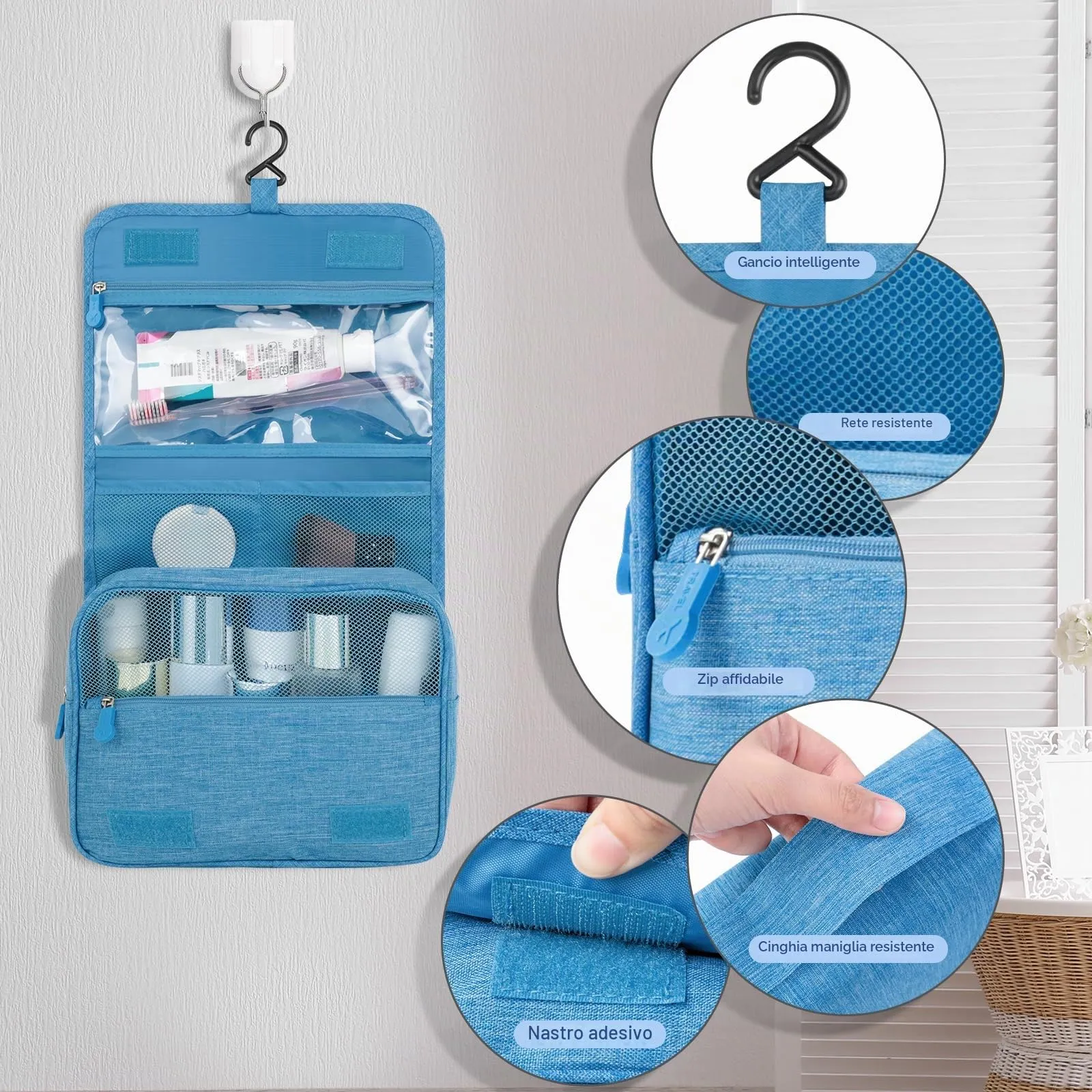 AiQInu Beauty Case da Viaggio, Borsa da Toilette Impermeabile con Gancio per Appendere - immagine 4