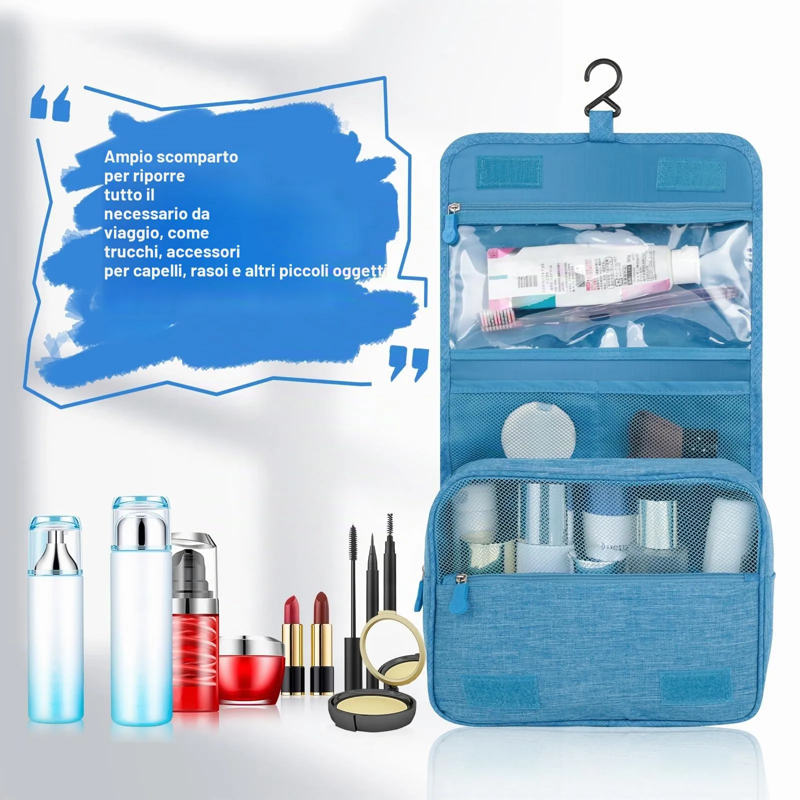 AiQInu Beauty Case da Viaggio, Borsa da Toilette Impermeabile con Gancio per Appendere - immagine 6