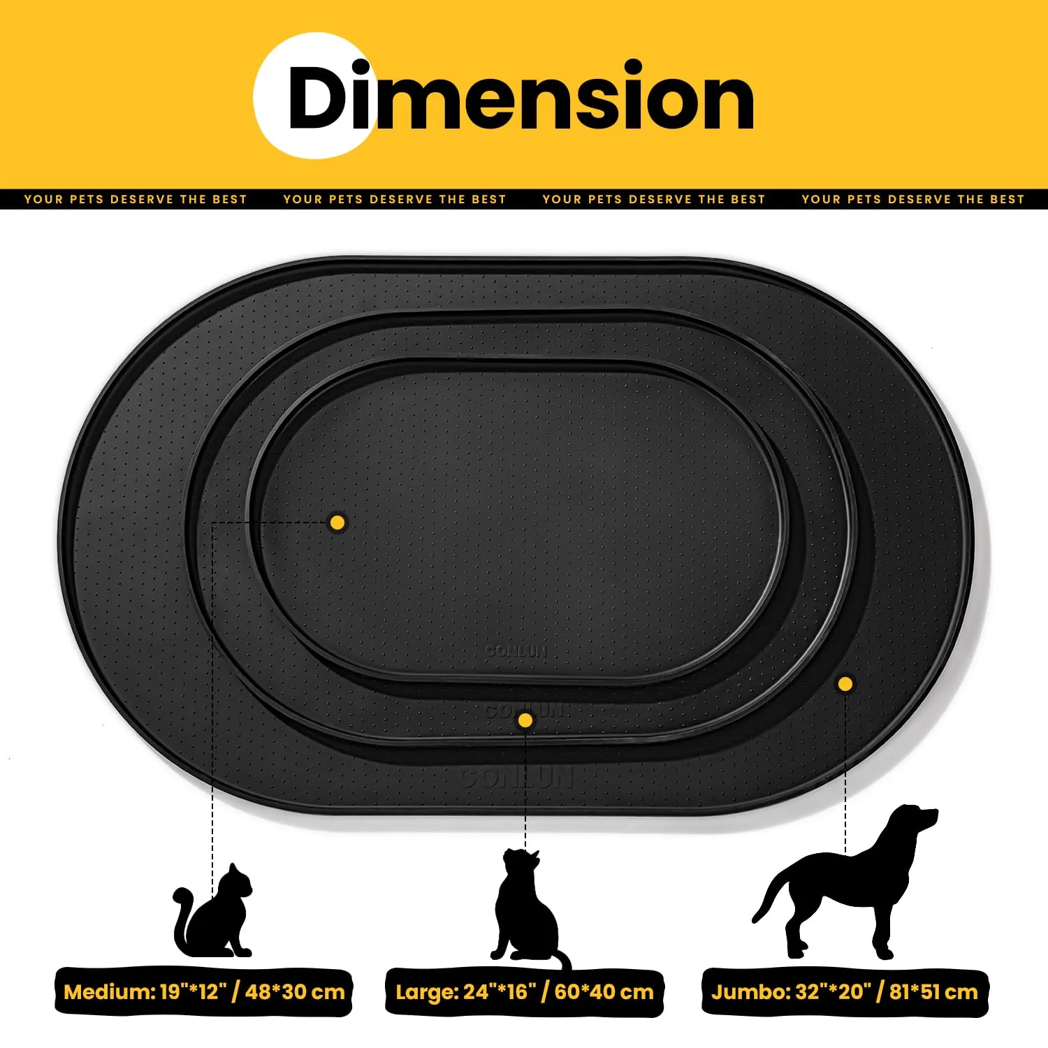 Conlun Tappetino Silicone per Ciotole Cane e Gatto con Bordi Rialzati, Nero, 48x30 cm - immagine 4