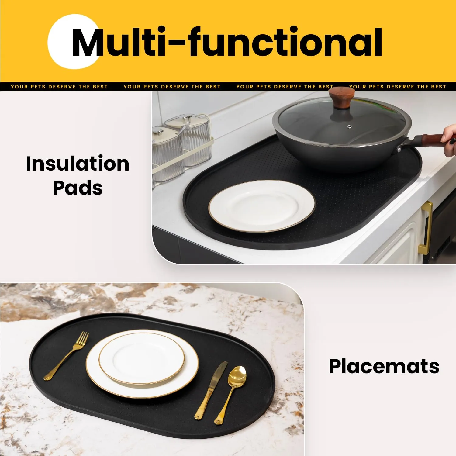 Conlun Tappetino Silicone per Ciotole Cane e Gatto con Bordi Rialzati, Nero, 48x30 cm - immagine 9