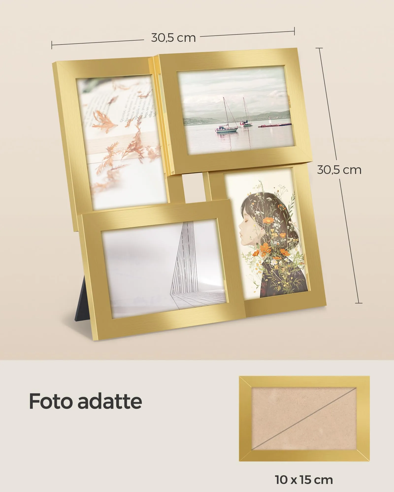 SONGMICS Collage di 4 Cornici per Foto 10 x 15 cm, Oro Pallido RPF025A01 - immagine 5