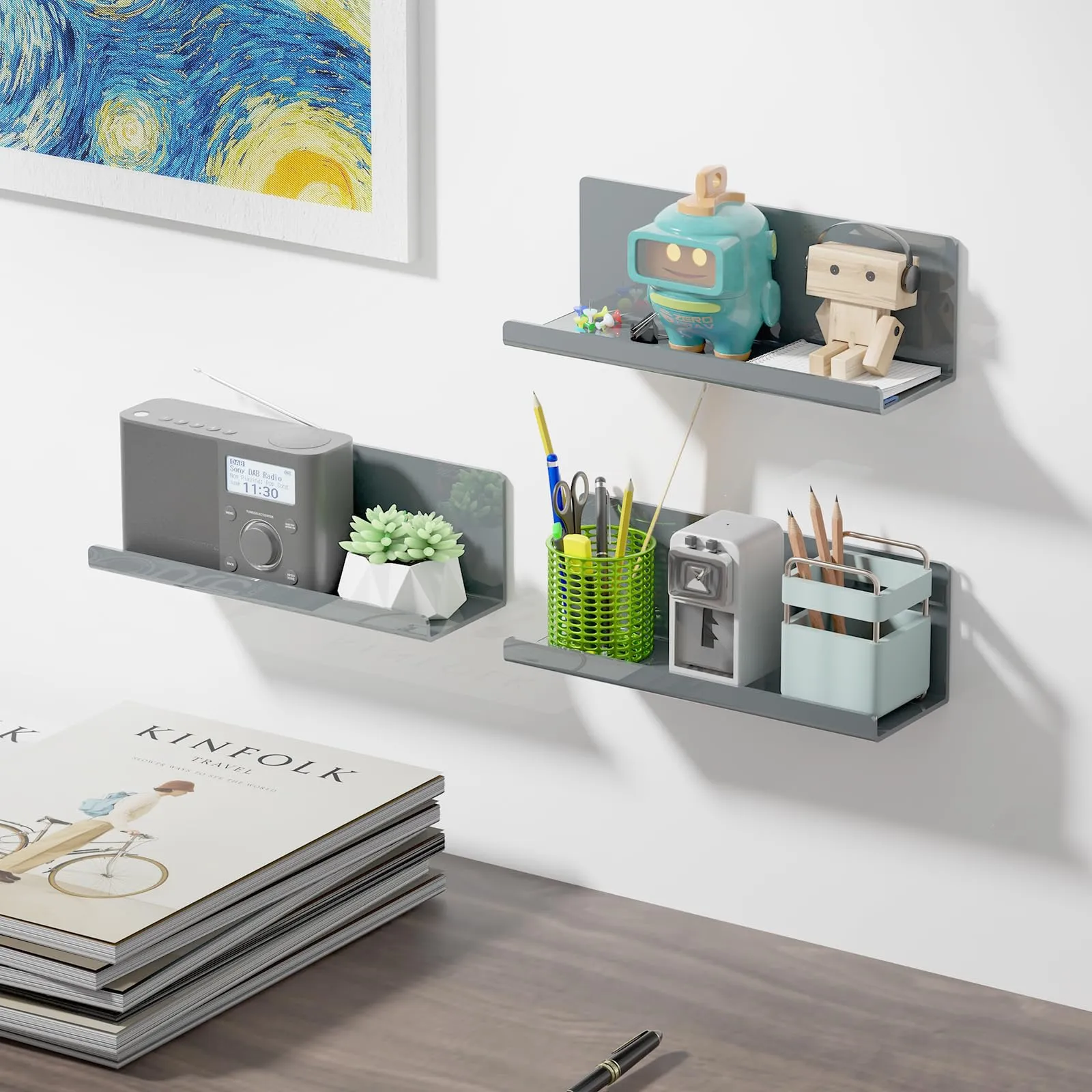 Toski Mensola da parete in acrilico senza fori, 2 pezzi, grigio, 30 cm - immagine 2