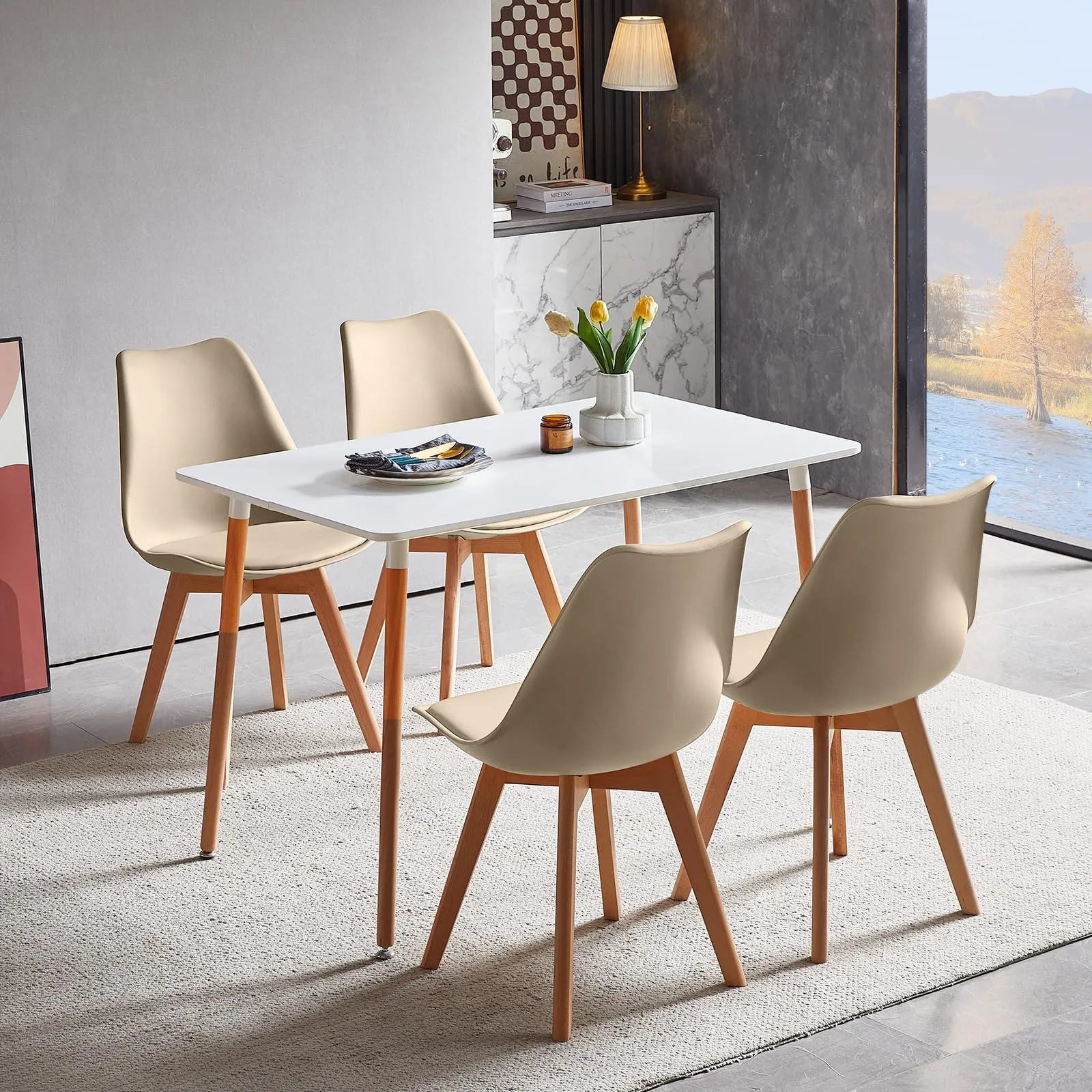 EGGREE Set di 8 Sedie da Pranzo e Cucina in Pelle PU con Gambe in Legno di Faggio, Cachi - immagine 2