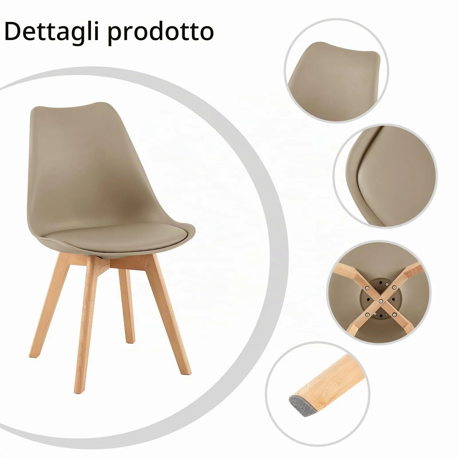 EGGREE Set di 8 Sedie da Pranzo e Cucina in Pelle PU con Gambe in Legno di Faggio, Cachi - immagine 9