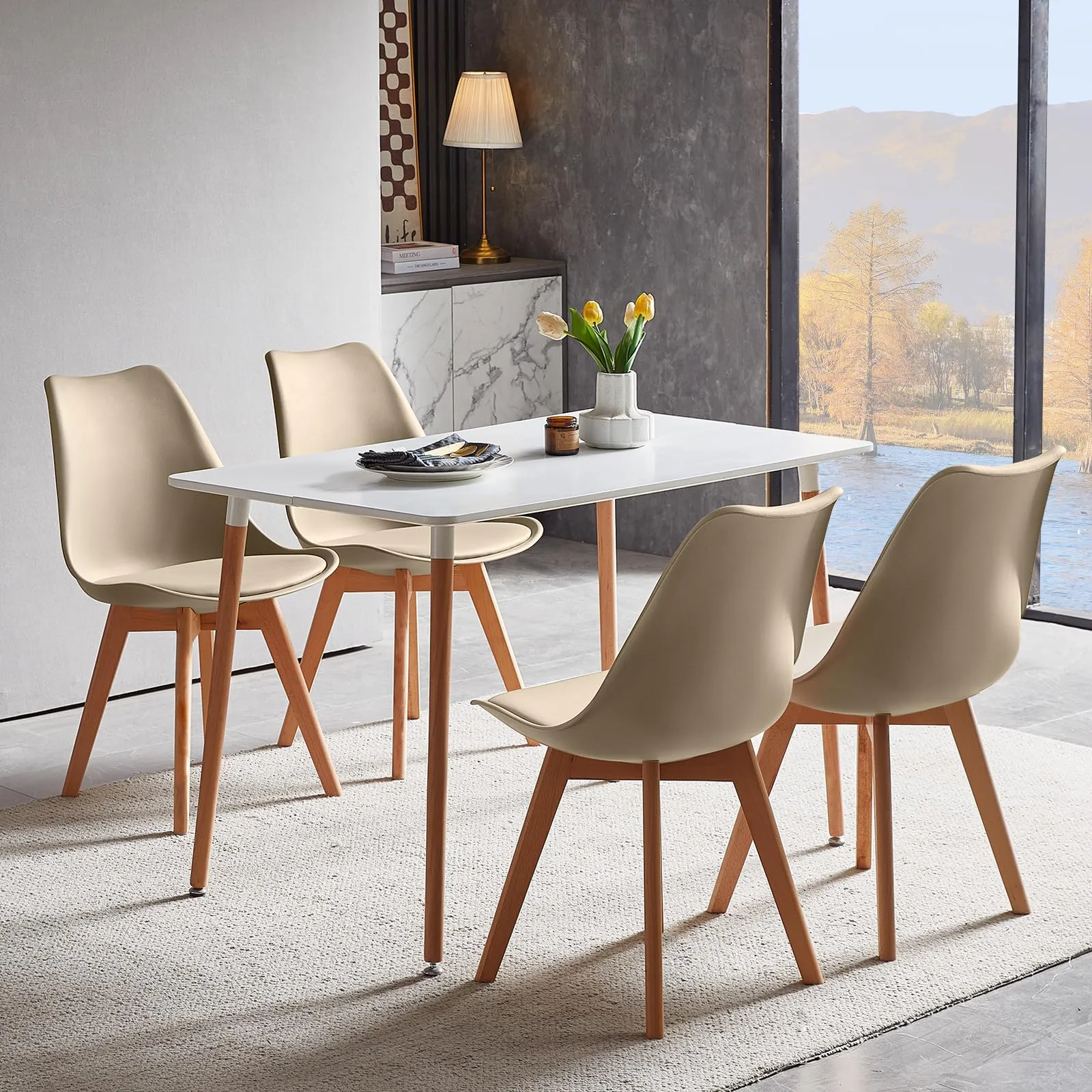 EGGREE Set di 4 Sedie da Pranzo e Cucina in Pelle PU e Legno di Faggio, Cachi - immagine 7