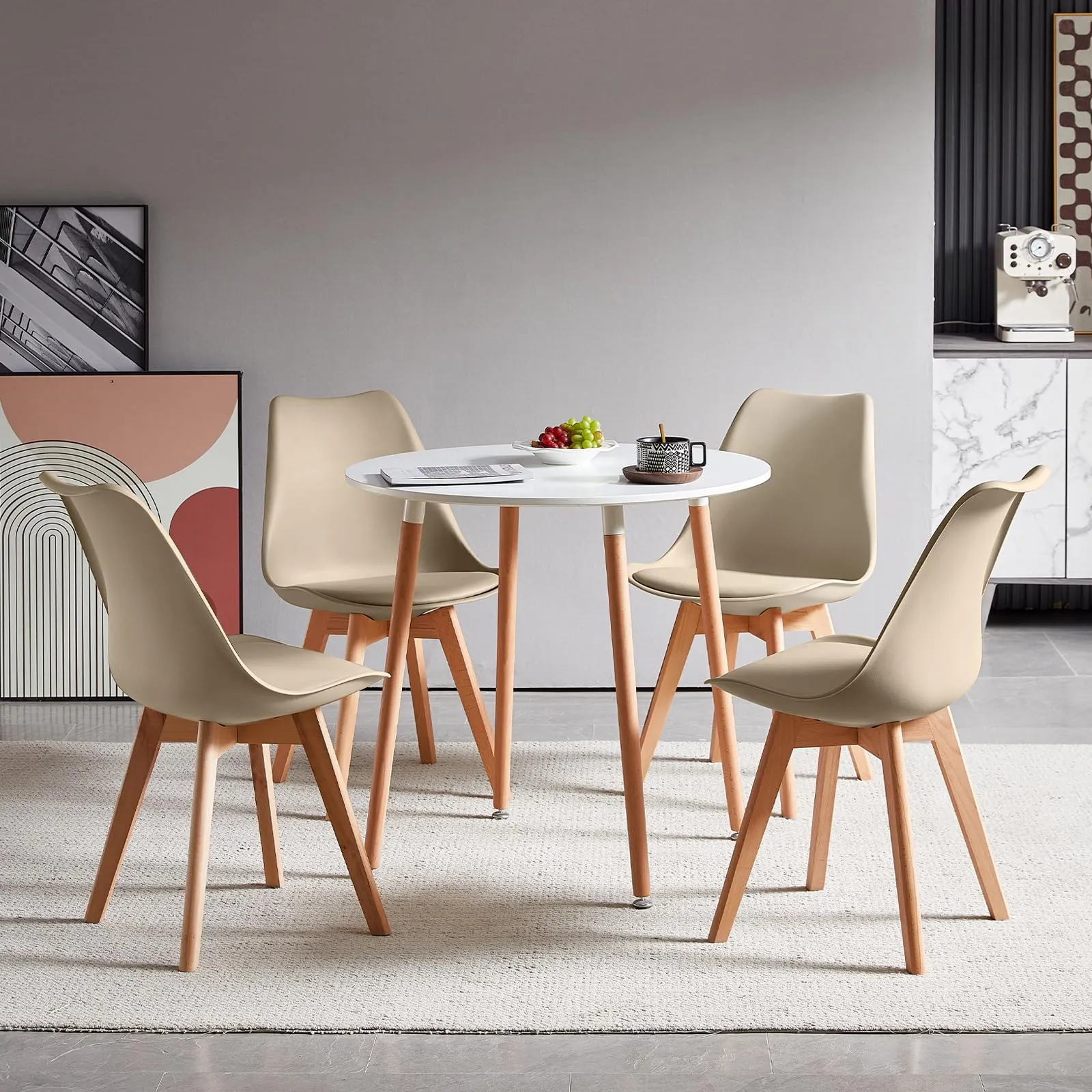 EGGREE Set di 4 Sedie da Pranzo e Cucina in Pelle PU e Legno di Faggio, Cachi - immagine 8