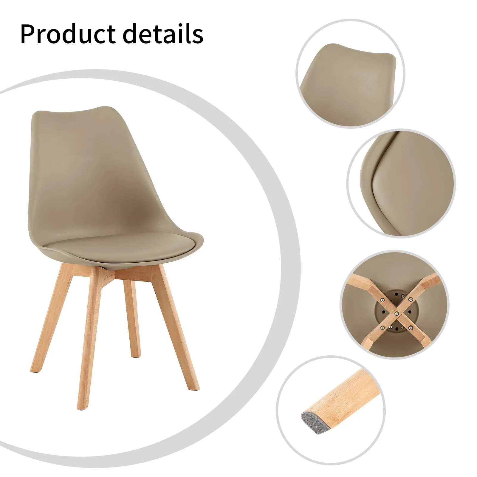 EGGREE Set di 4 Sedie da Pranzo e Cucina in Pelle PU e Legno di Faggio, Cachi - immagine 10