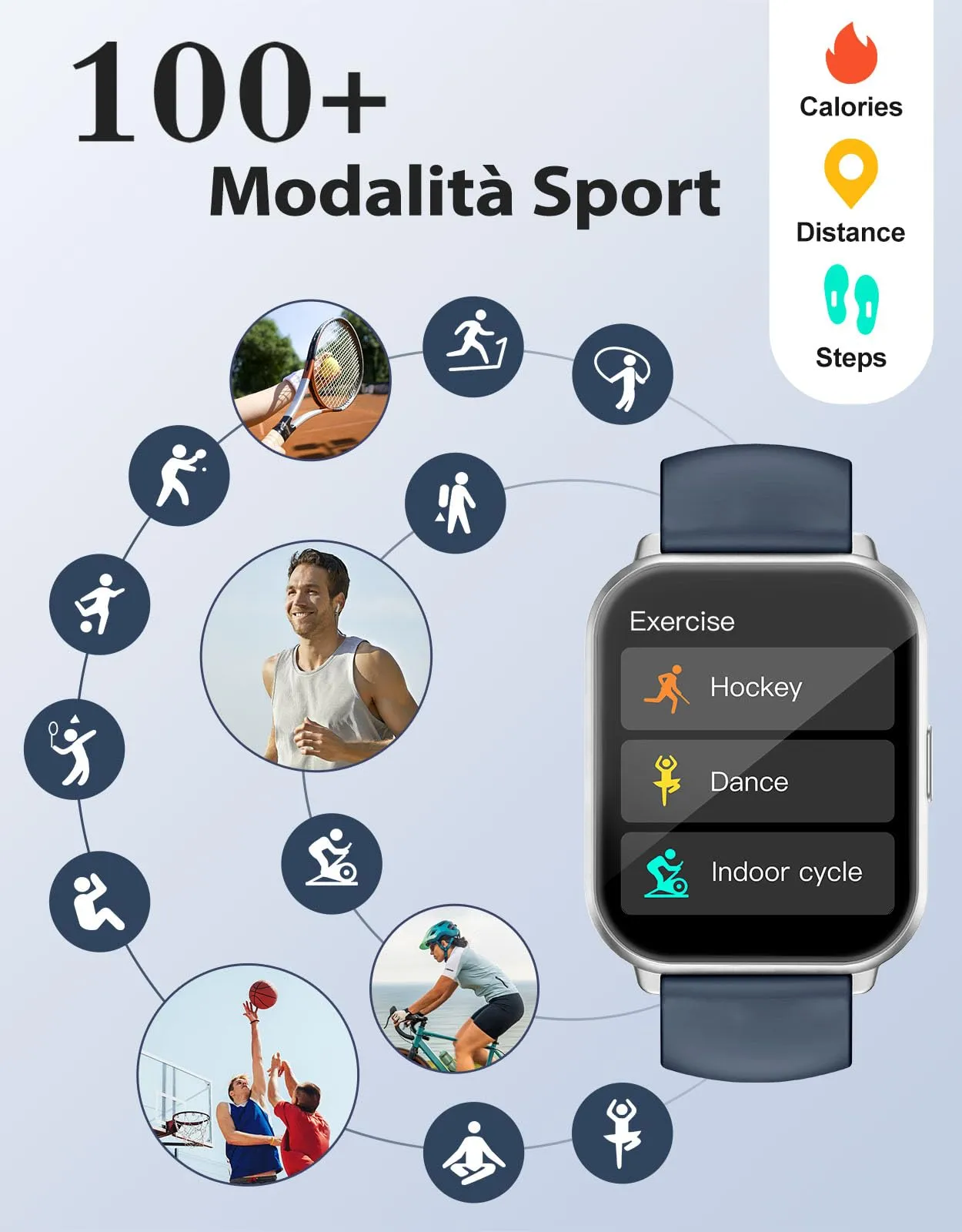 RUIMEN Smartwatch Bluetooth AMOLED 1.83", Fitness Tracker IP68 con Cardiofrequenzimetro, Saturimetro e Notifiche, Compatibile Android e iOS, Blu - immagine 2